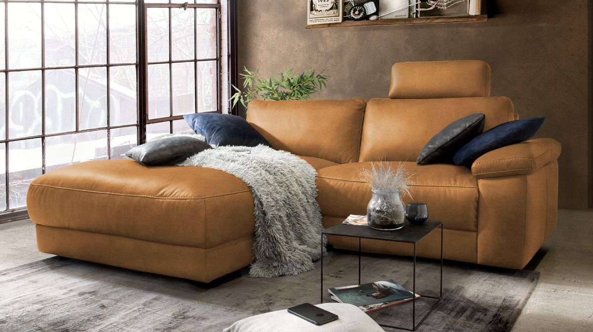 KAWOLA Sofa LOLA Ecksofa cognac mit motorischer Relaxfunktion versch. Bezüge