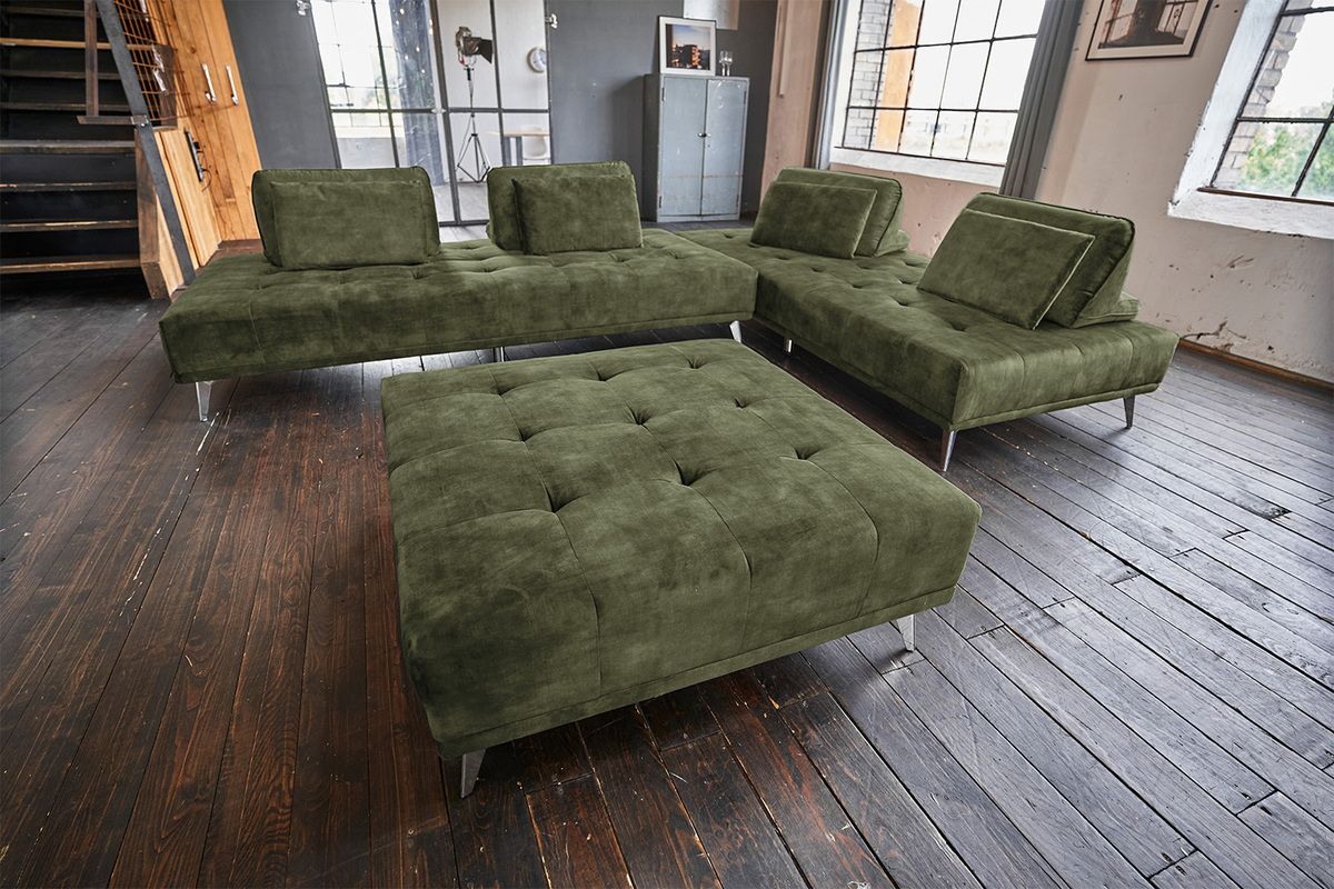 KAWOLA Sofa WIOLO Ecksofa velvet mit Hocker moosgrün