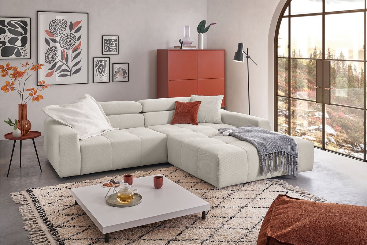 KAWOLA Sofa RENO Ecksofa Feincord silber