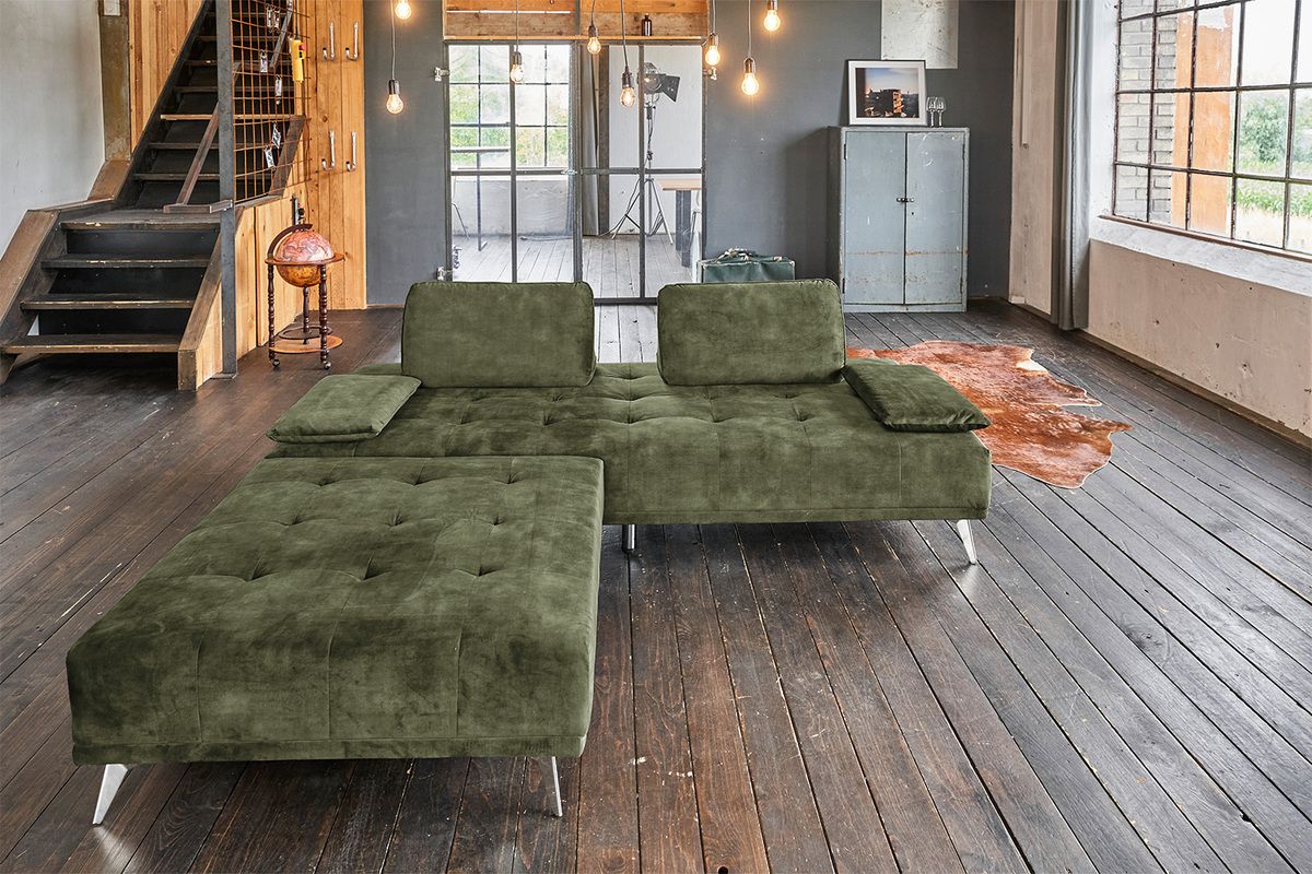 KAWOLA Sofa WIOLO Schlafsofa Daybed mit Hocker velvet moosgrün