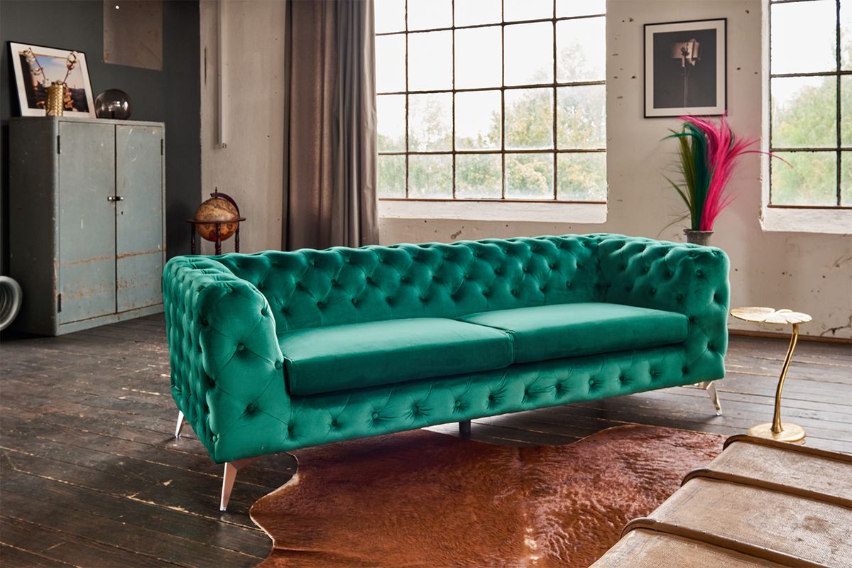 KAWOLA Sofa NARLA Chesterfield 3-Sitzer Velvet grün