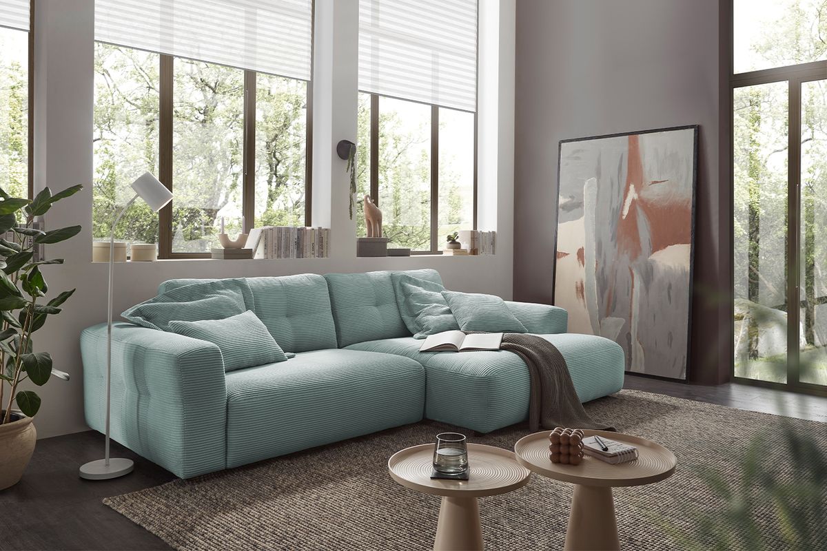 KAWOLA Sofa MIKA Ecksofa Cord hellblau