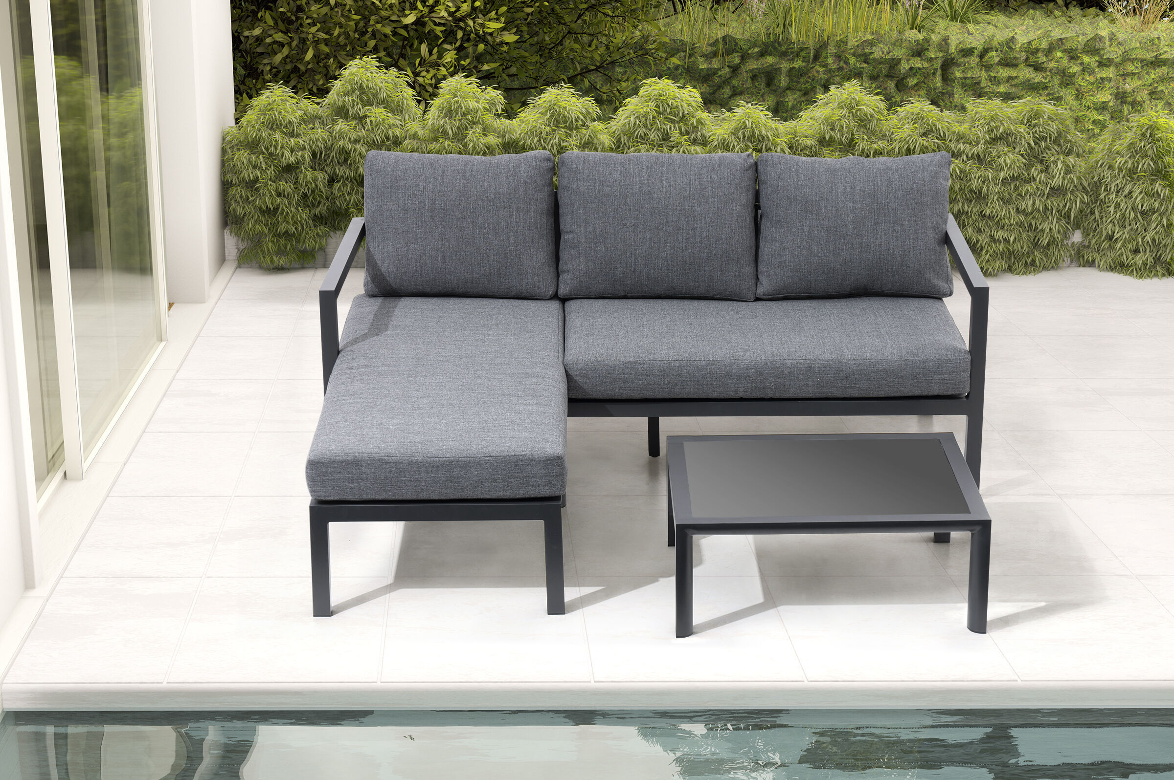 OUTFLEXX 3-Sitzer Sofa, anthrazit matt, Alu/Polyester, 167x75x66 cm, inklusive Hocker und Beistelltisch