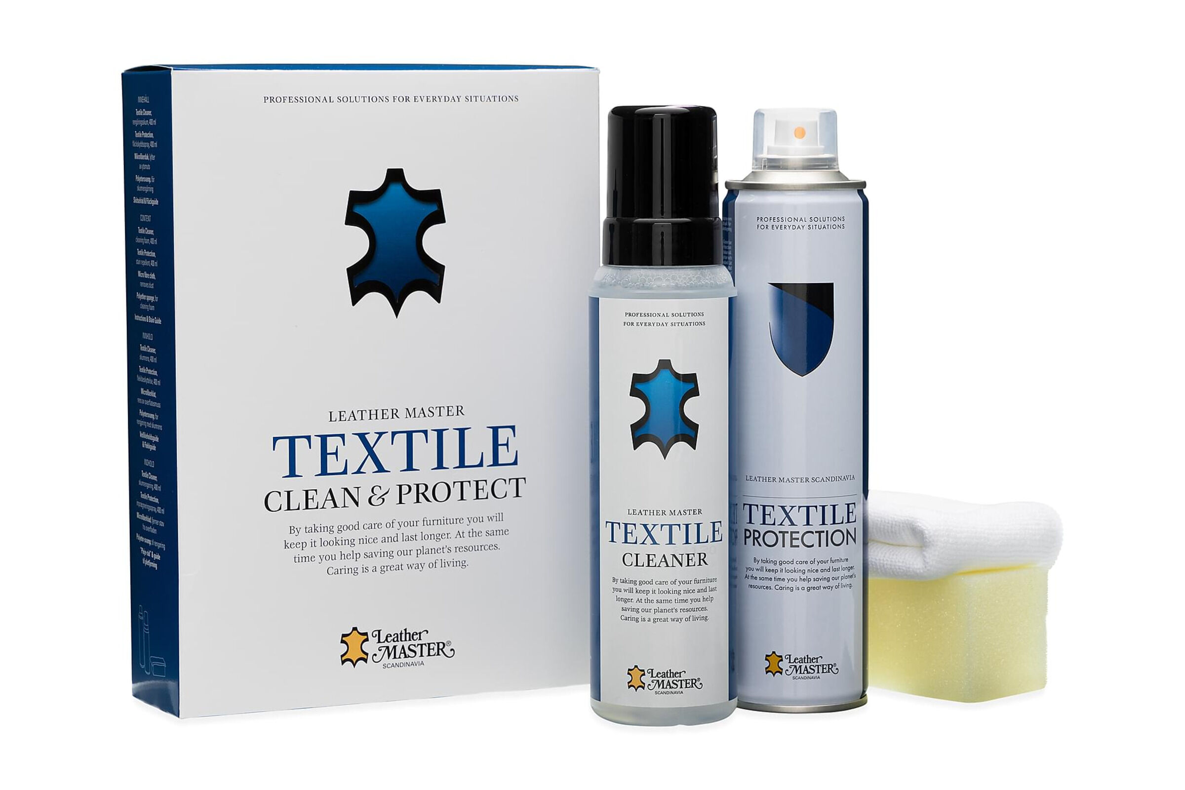 LEATHER MASTER Textil-Reinigungs- & Schutz-Kit, 2x Spray, 1x,Schwamm,  2x Tücher