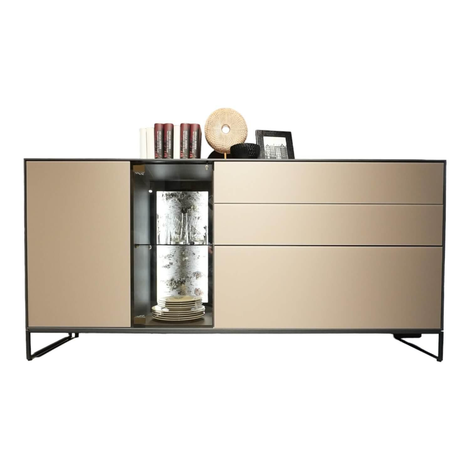 Sideboard Alva Kernbirke Massiv Harmaa Mit Vitrinen Beleuchtung Kufen 3110W 1191…