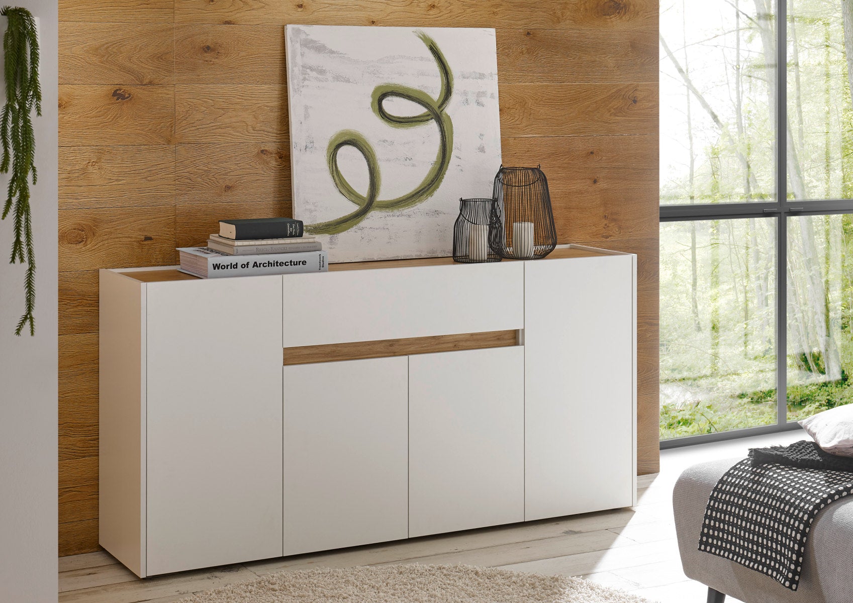 Sideboard 170×87 cm Eiche Weiss 4-türig + Doppelschubkasten BOSTON