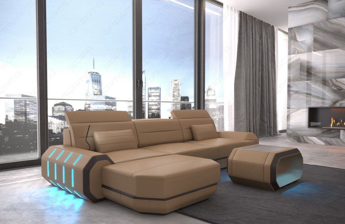 Ecksofa Roma mit USB und LED als Ledersofa