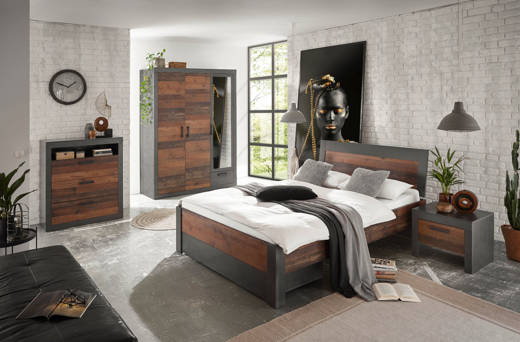 Schlafzimmer Set 5-teilig Bett 140×200 mit Holzkopfteil + Schublade used-look QUEENS Nr. 3