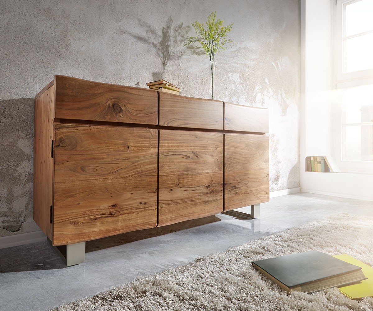 DELIFE Sideboard Live-Edge 147 cm Akazie Natur 3 Türen 3 Schübe, Sideboards, Baumkantenmöbel, Massivholzmöbel, Massivholz