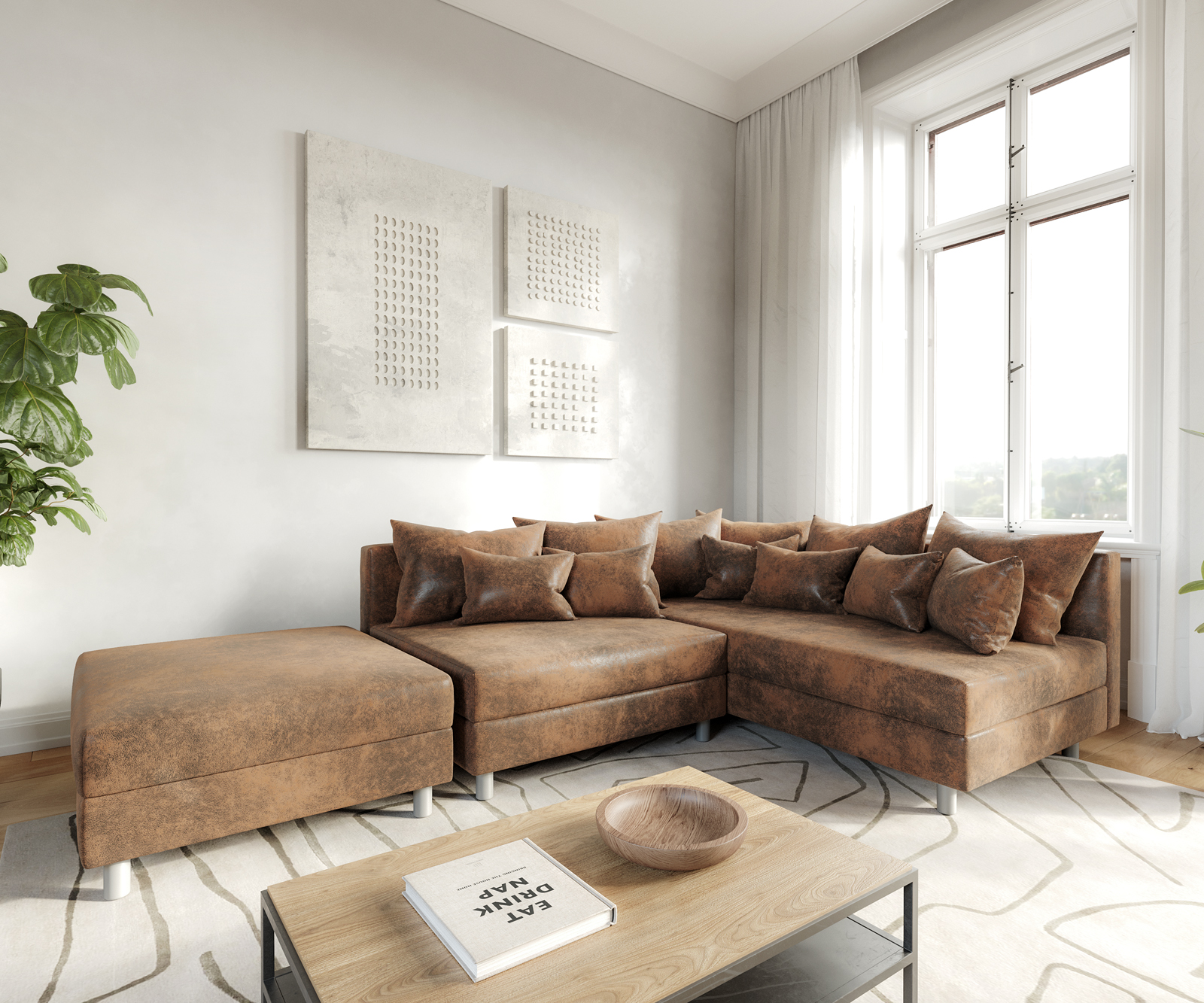 DELIFE Ecksofa Clovis Braun Antik Optik Modular Hocker Ottomane Rechts, Design Ecksofas, Couch Loft, Modulsofa, modular