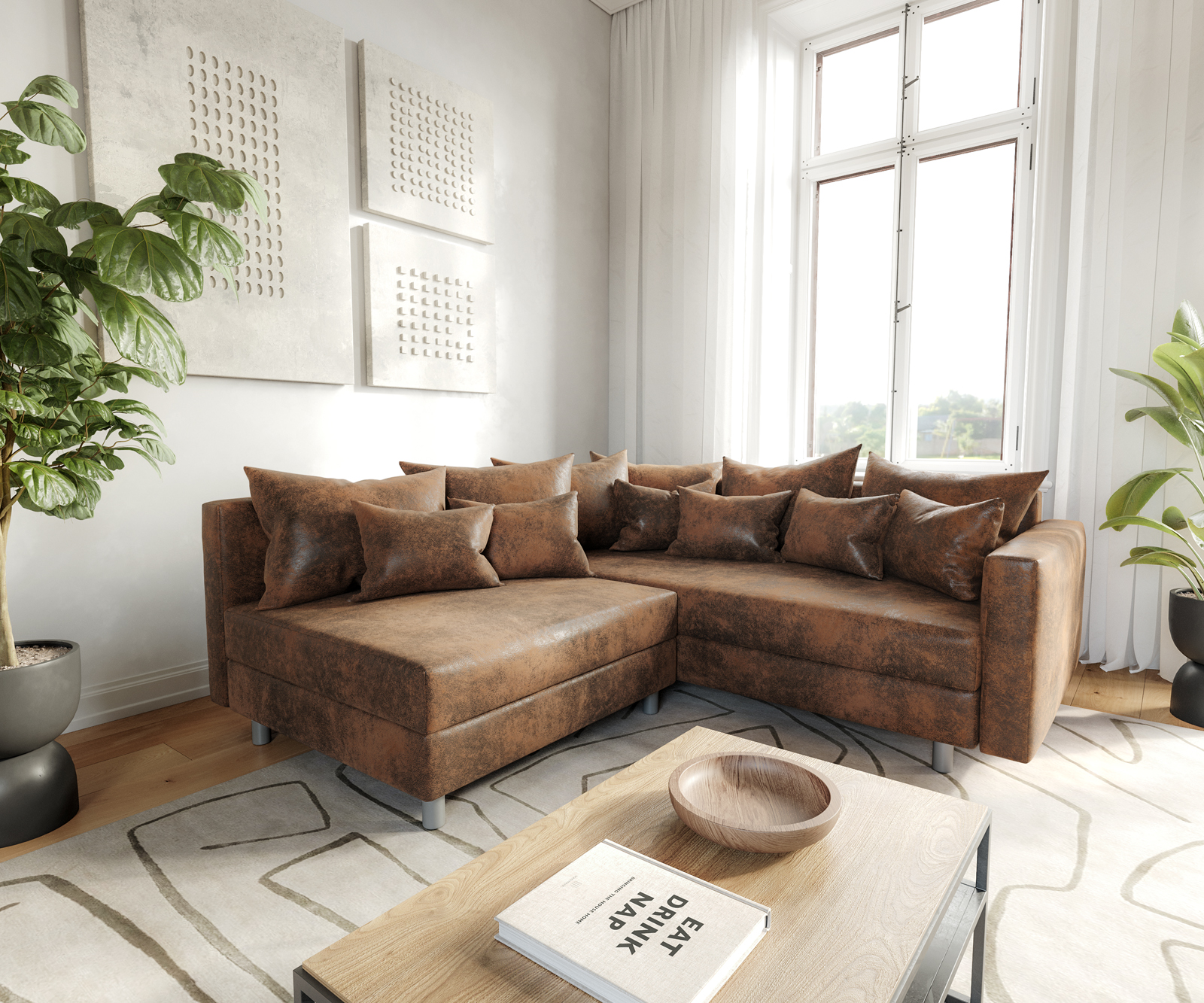 DELIFE Ecksofa Clovis Braun Antik Optik modular Armlehne Ottomane Rechts, Design Ecksofas, Couch Loft, Modulsofa, modular