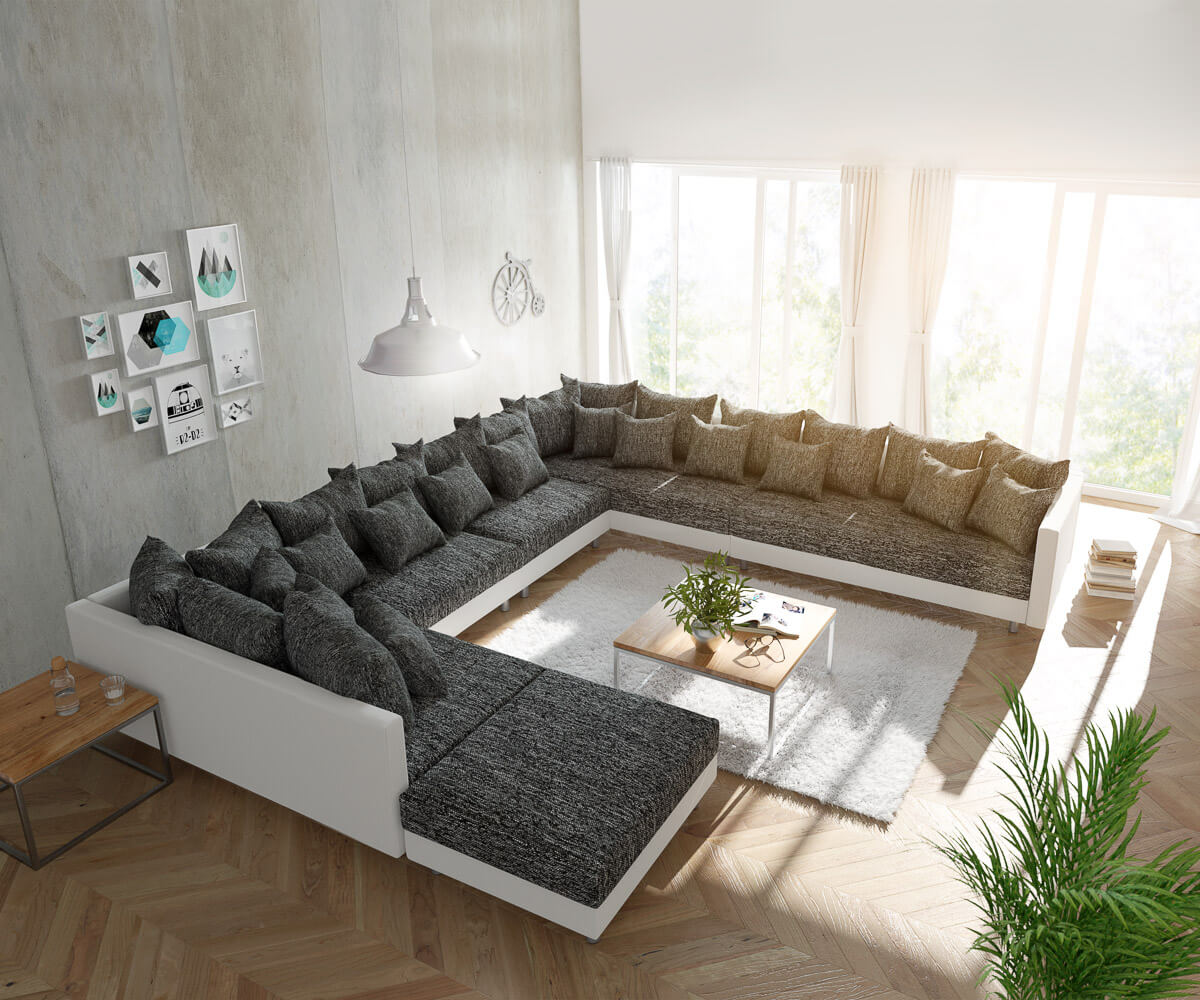 DELIFE Wohnlandschaft Clovis XXL Weiss Schwarz mit Hocker Ottomane Rechts, Design Wohnlandschaften, Couch Loft, Modulsofa, modular