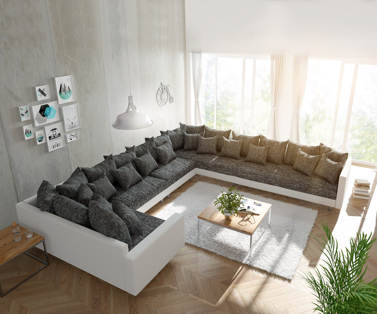 DELIFE Wohnlandschaft Clovis XXL Weiss Schwarz mit Armlehne Ottomane Rechts, Design Wohnlandschaften, Couch Loft, Modulsofa, modular