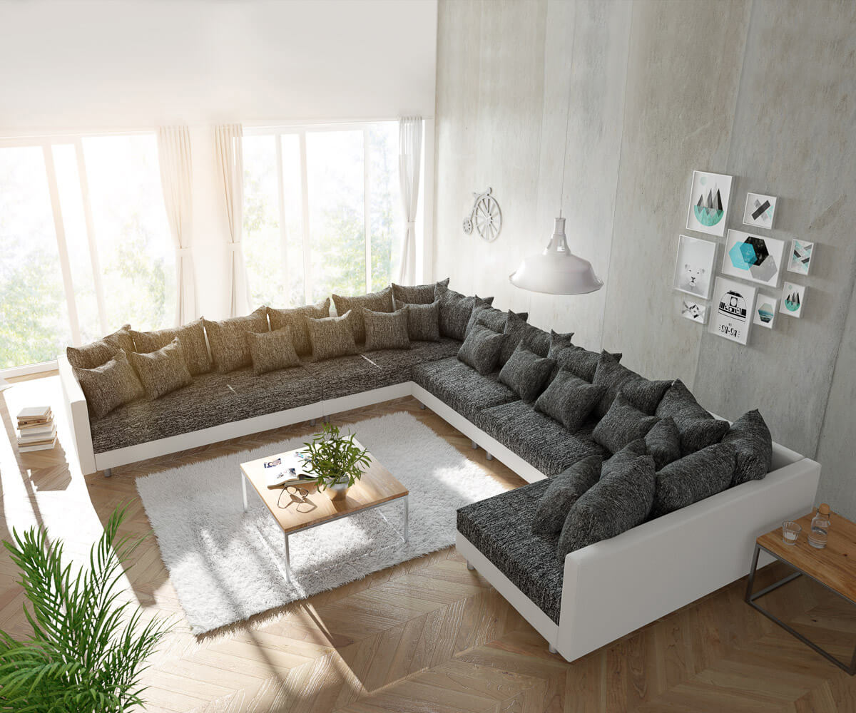 DELIFE Wohnlandschaft Clovis XXL Weiss Schwarz Ottomane Links, Design Wohnlandschaften, Couch Loft, Modulsofa, modular