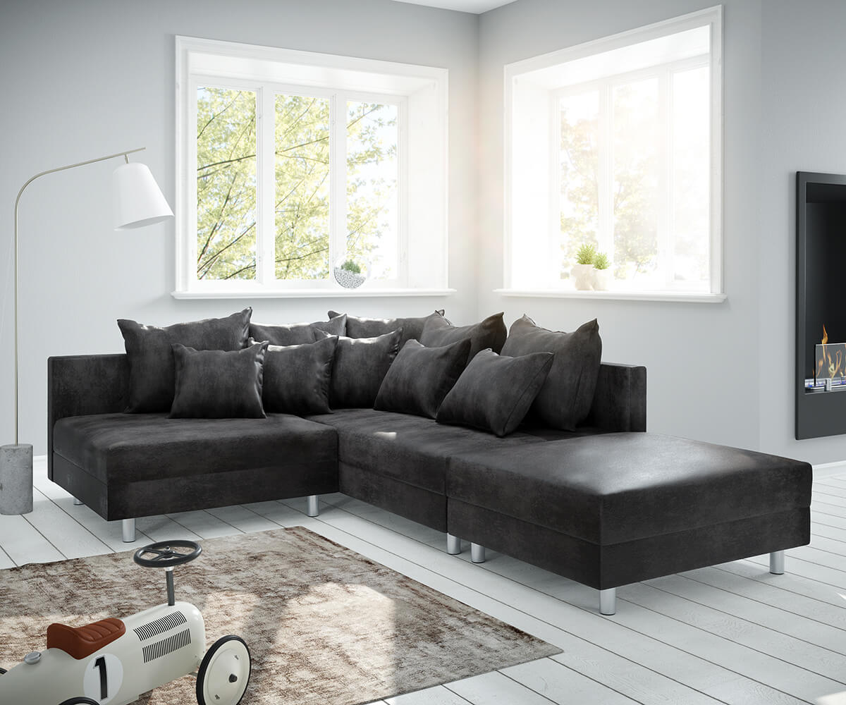 DELIFE Ecksofa Clovis Anthrazit Antik Optik Modular Hocker Ottomane Rechts, Design Ecksofas, Couch Loft, Modulsofa, modular