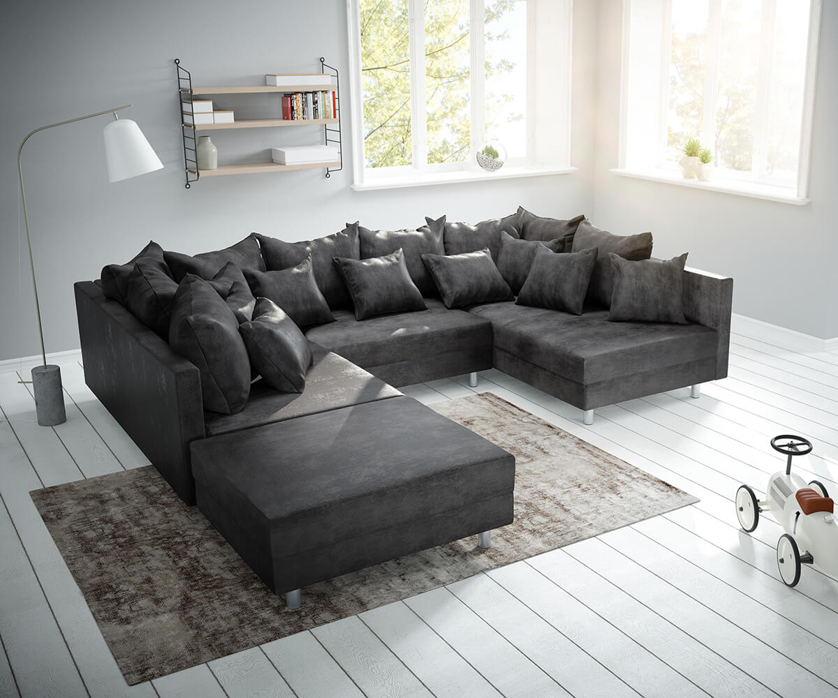 DELIFE Wohnlandschaft Clovis Anthrazit Antik Optik modular Hocker, Design Wohnlandschaften, Couch Loft, Modulsofa, modular