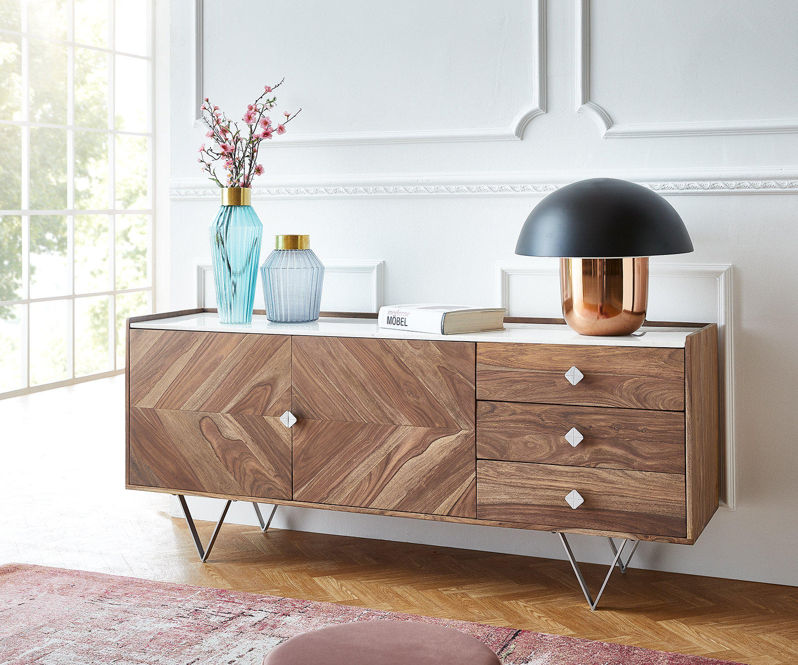 DELIFE Sideboard Pacino 175 cm Sheesham Natur Steinplatte Weiß, Sideboards