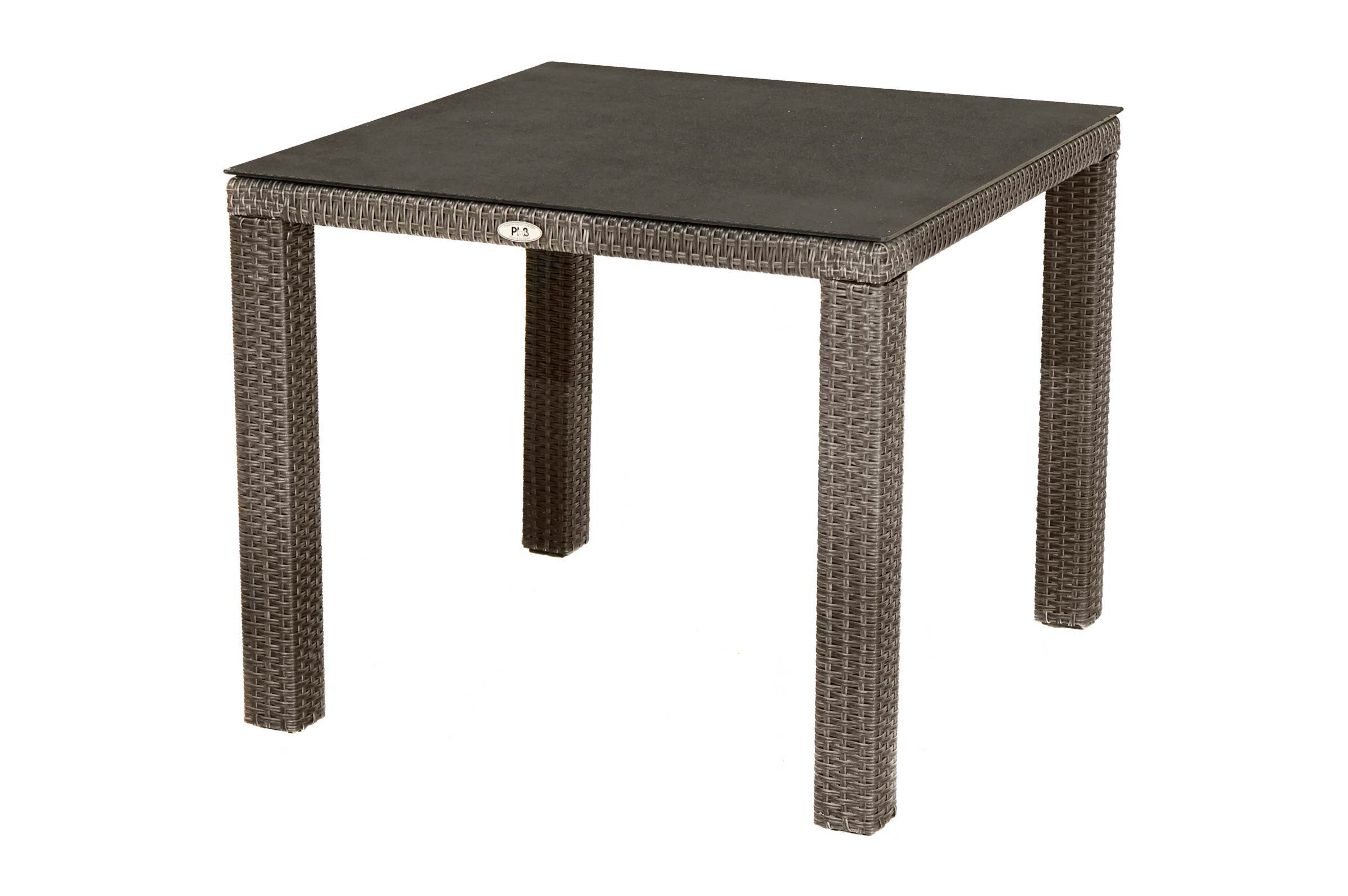 Ploß Rocking Dining Tisch, grau/braun-meliert, Polyrattan, 90 x 90 cm, Glasplatte in Steinoptik