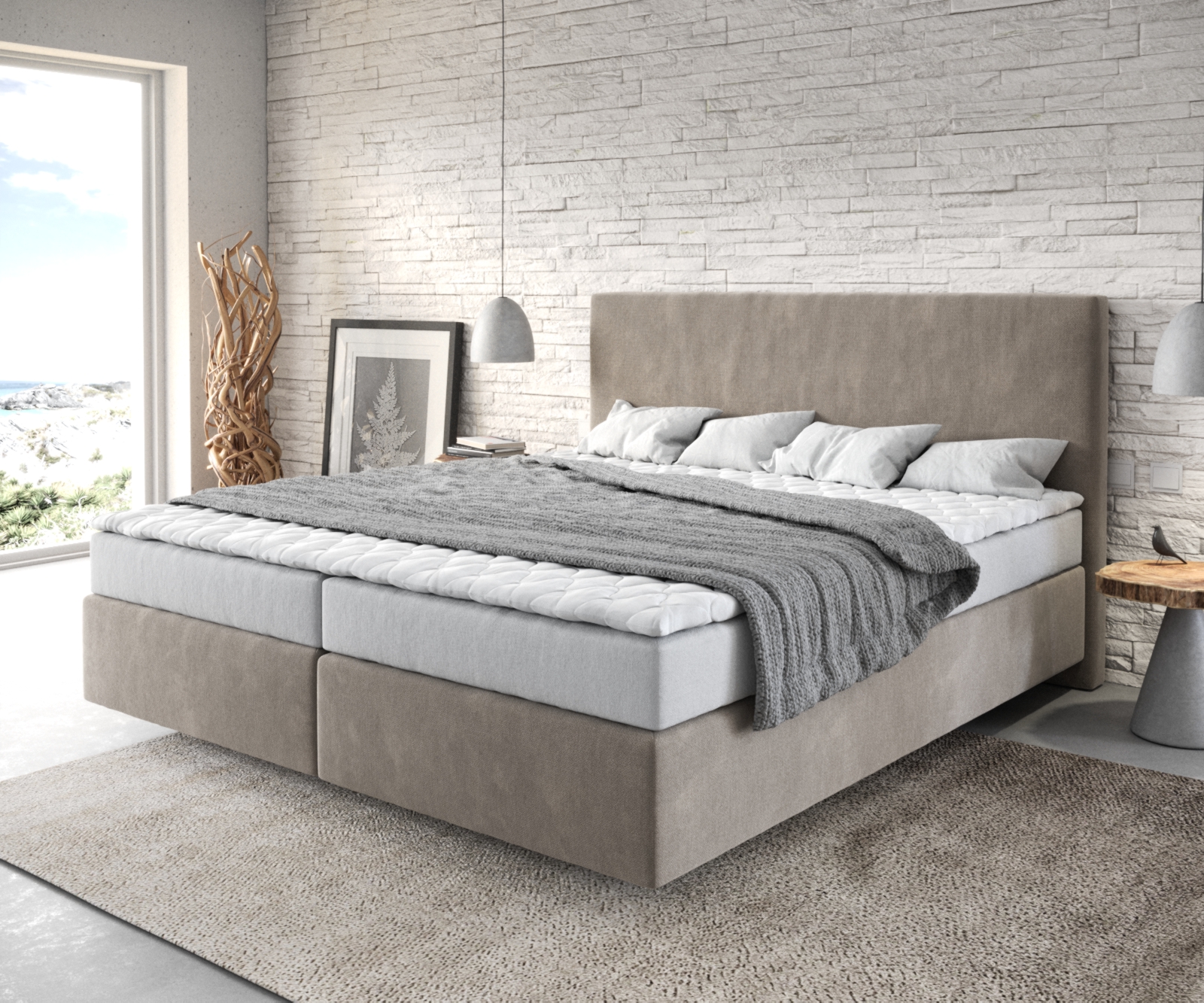 DELIFE Boxspringbett Dream-Well 180×200 cm Mikrofaser Beige mit Matratze und Topper, Boxspringbetten