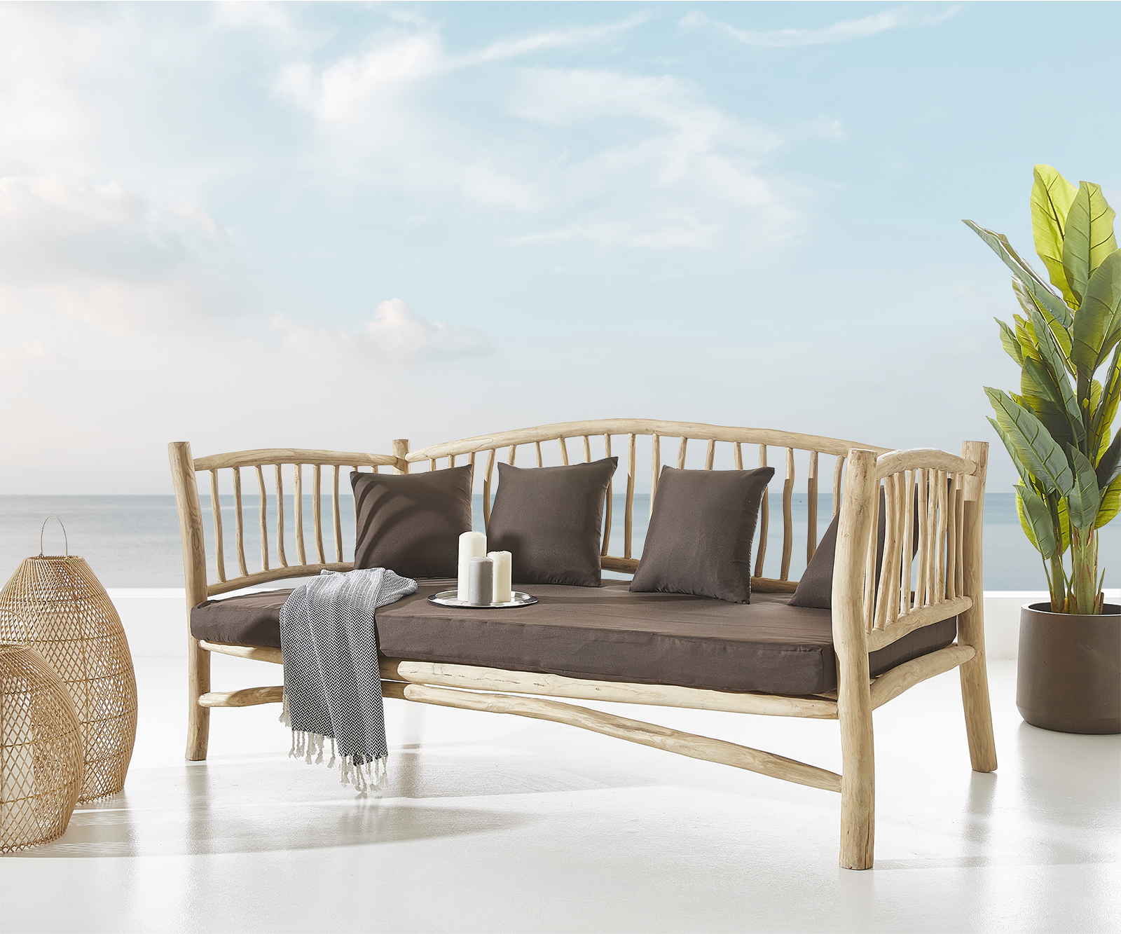 DELIFE Loungesofa Melania 212×103 cm Teak Natur mit Kissen braun, Loungemöbel