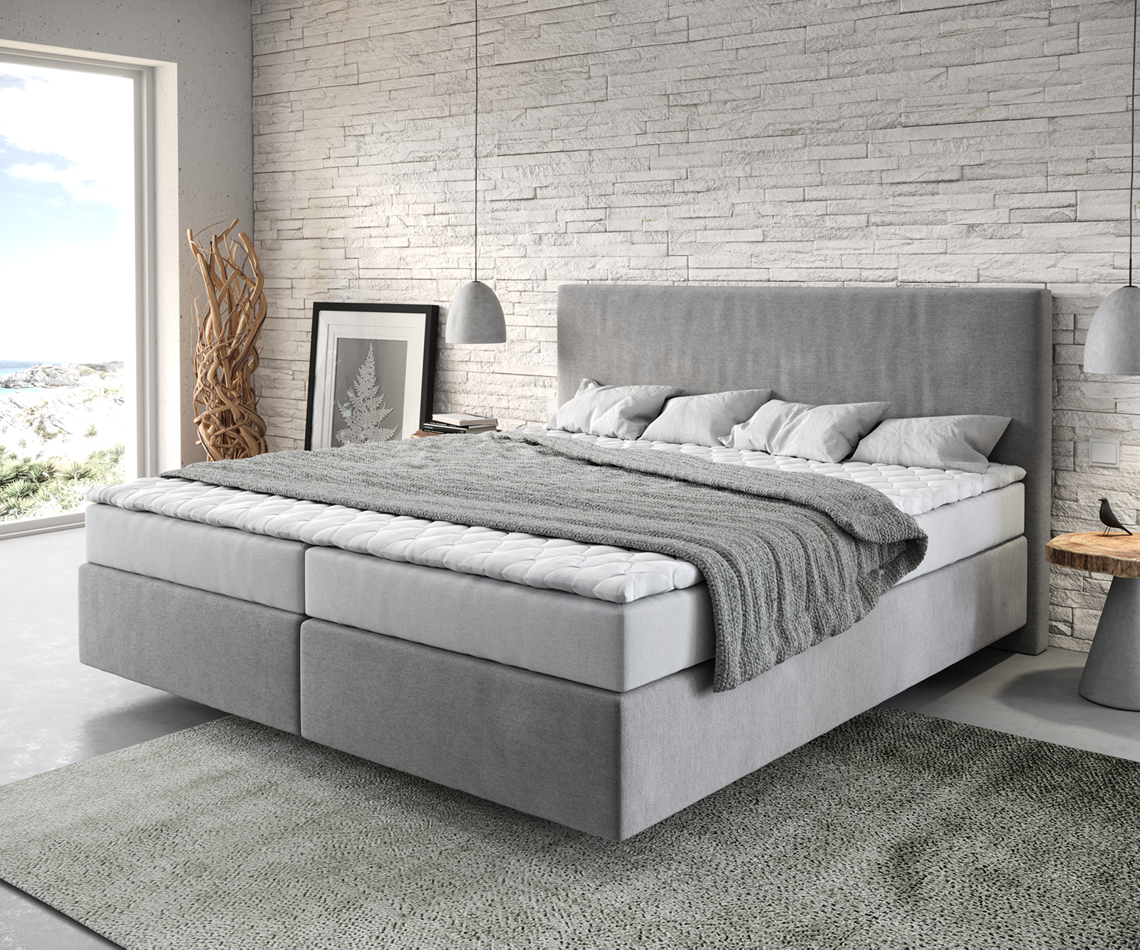 DELIFE Boxspringbett Dream-Well 180×200 cm Mikrofaser Grau mit Matratze und Topper, Boxspringbetten