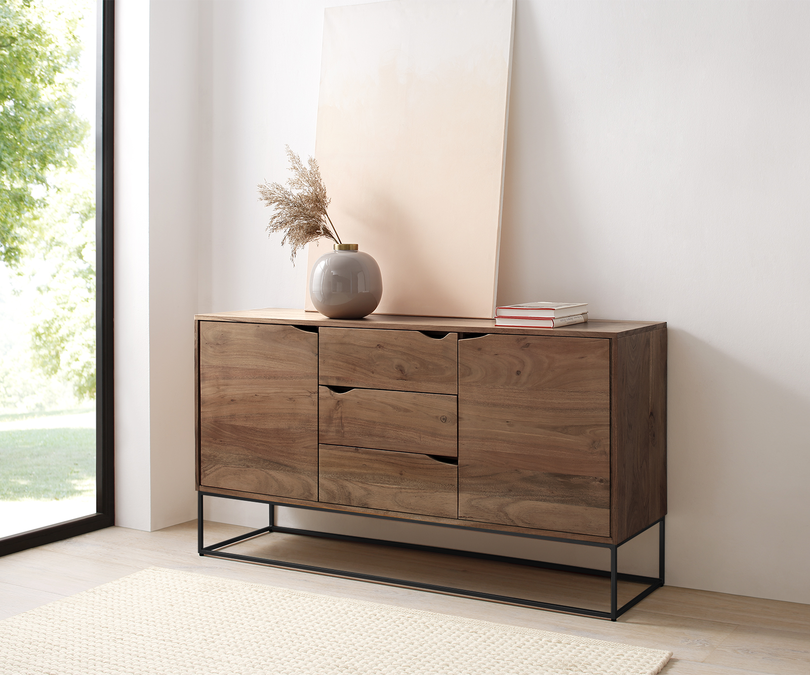 DELIFE Sideboard Loca 140×39 cm Akazie Braun 3 Schübe 2 Türen, Sideboards