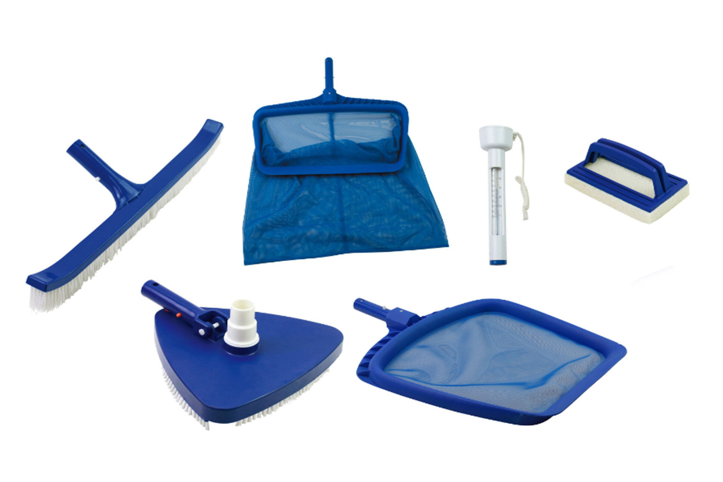 OUTTECH Poolpflege-Set, weiß/blau, Kunststoff, 6-teilig, inkl. Bürsten, Kescher und Thermometer