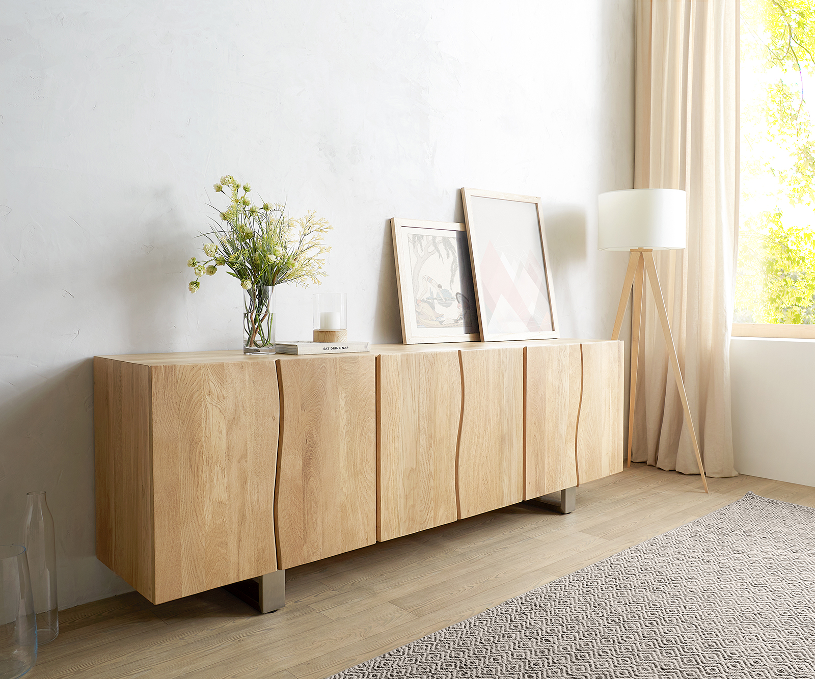 DELIFE Sideboard Live-Edge 220 cm Eiche Natur Massiv 6 Türen, Sideboards, Baumkantenmöbel, Massivholzmöbel, Massivholz