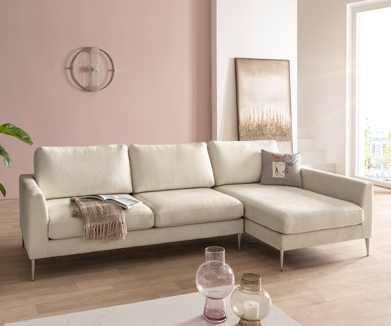 DELIFE Ecksofa Marla 285×140 cm Chenille Creme-Weiß Ottomane rechts, Ecksofas