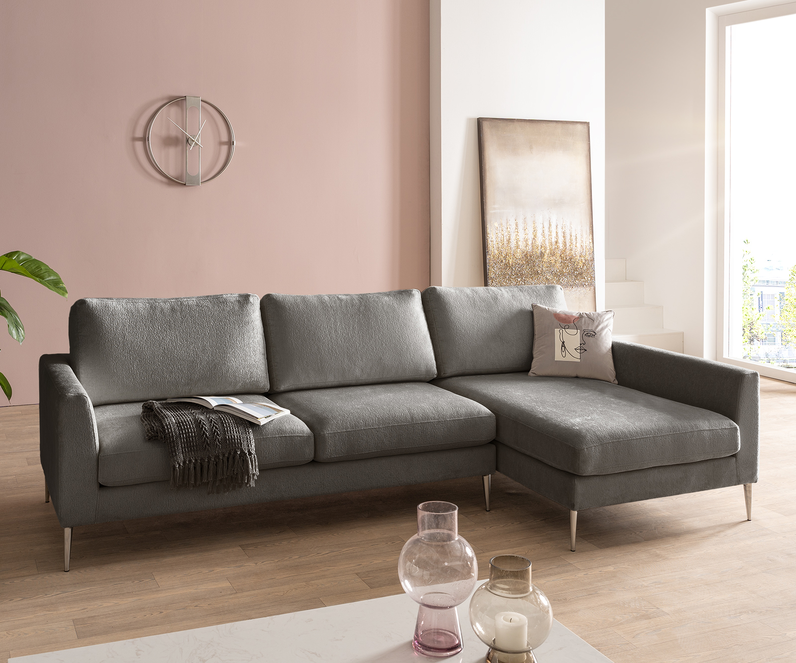 DELIFE Ecksofa Marla 285×140 cm Chenille Taupe Recamiere rechts, Ecksofas