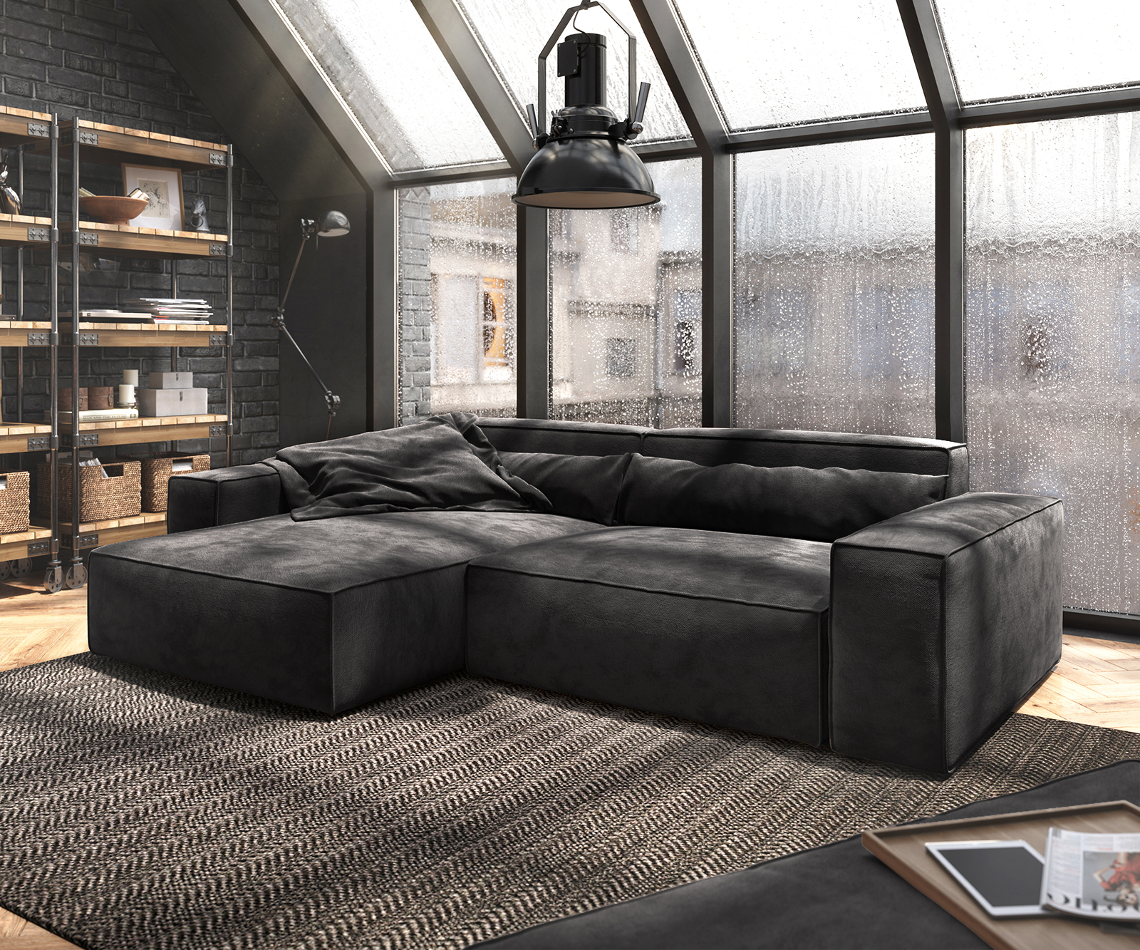 DELIFE Ecksofa Sirpio XL 270×170 cm Mikrofaser Schwarz Recamiere variabel mit Hocker, Ecksofas