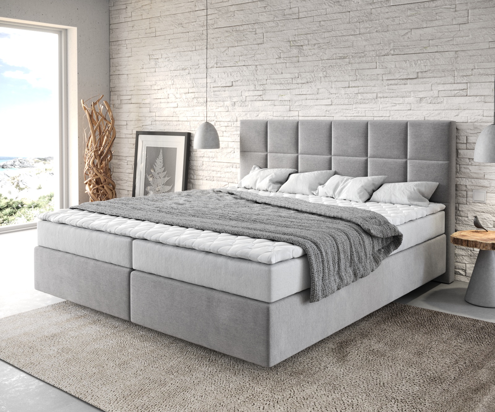 DELIFE Boxspringbett Dream-Fine 180×200 cm Mikrofaser Grau mit Matratze und Topper, Boxspringbetten