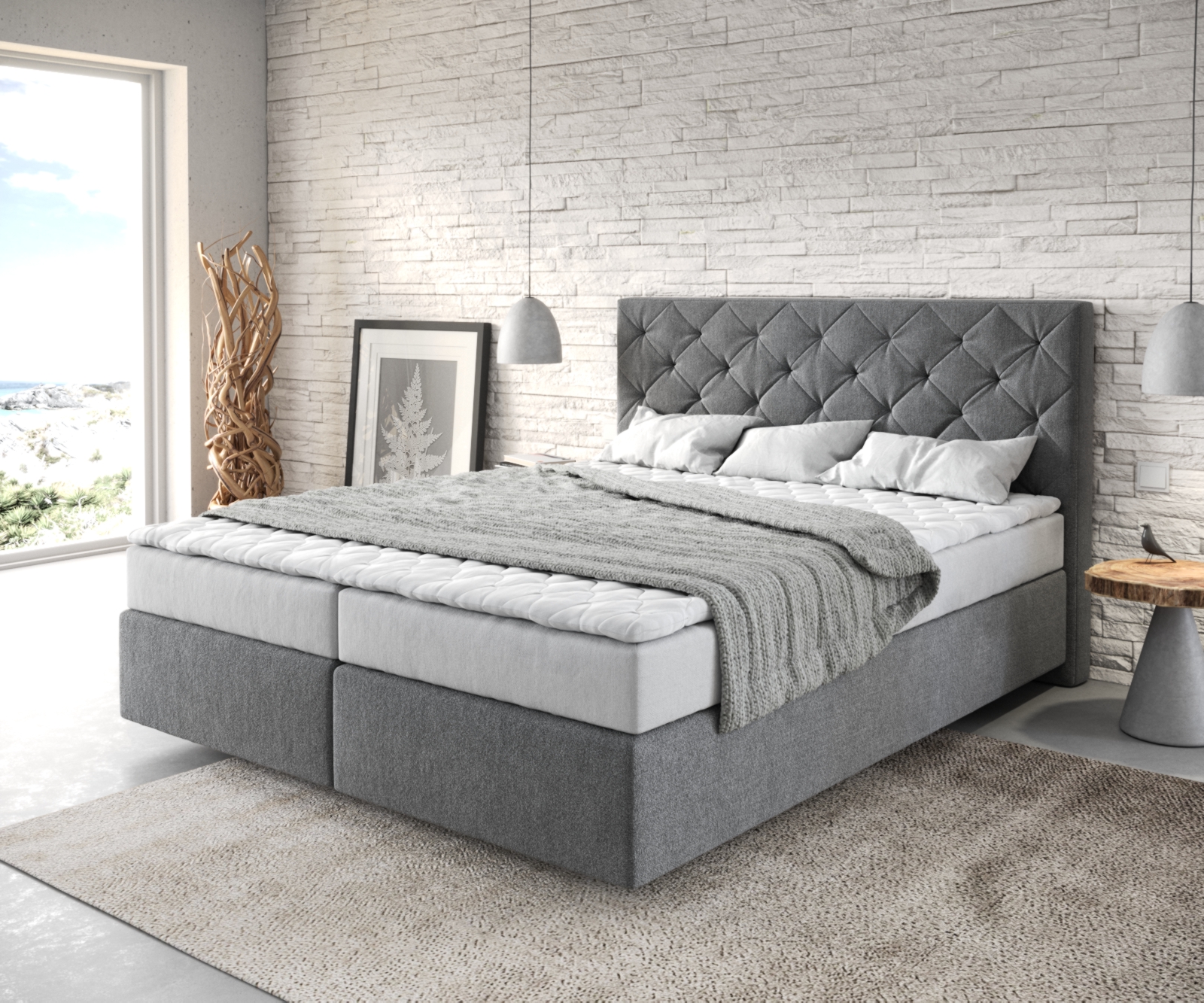 DELIFE Boxspringbett Dream-Great 160×200 cm Mikrofaser Anthrazit mit Matratze und Topper, Boxspringbetten