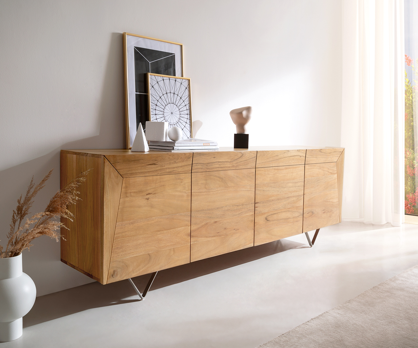 DELIFE Sideboard Kayu 200x40x70 cm Akazie Natur 4 Türen V-Fuß, Sideboards