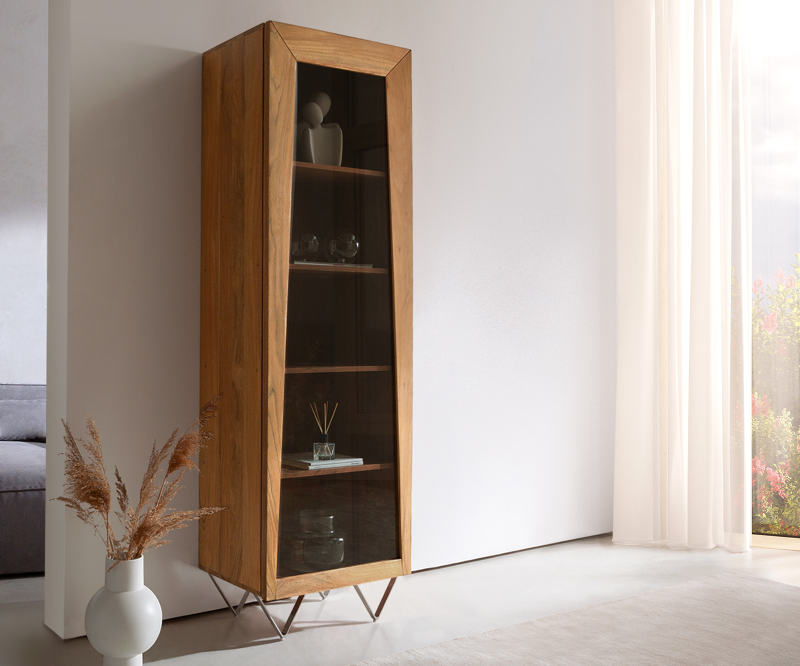 DELIFE Highboard Kayu 55×180 cm Akazie Natur Vitrine 1 Tür V-Fuß, Vitrinen