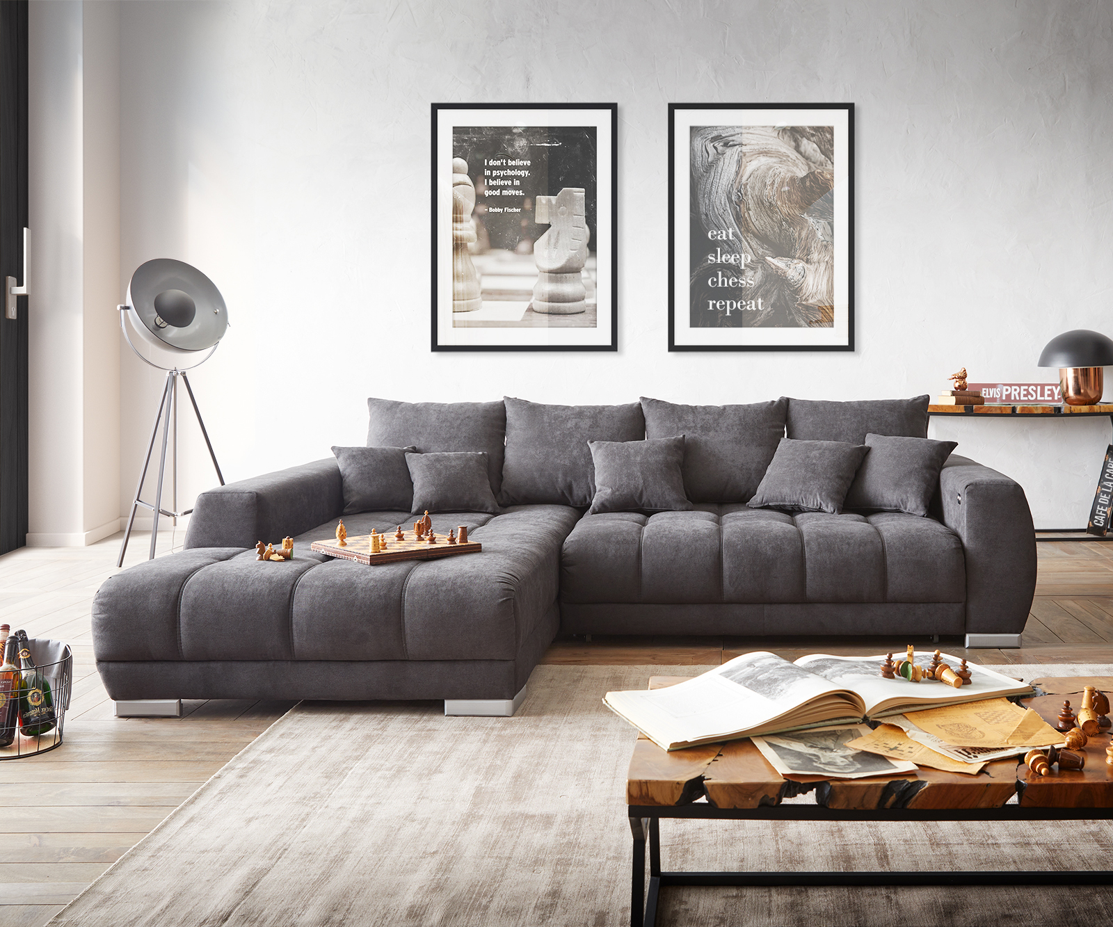 DELIFE Ecksofa Nabor 300×230 cm Mikrofaser Schwarz Recamiere links inkl. elektrischer Vorziehfunktion, Ecksofas