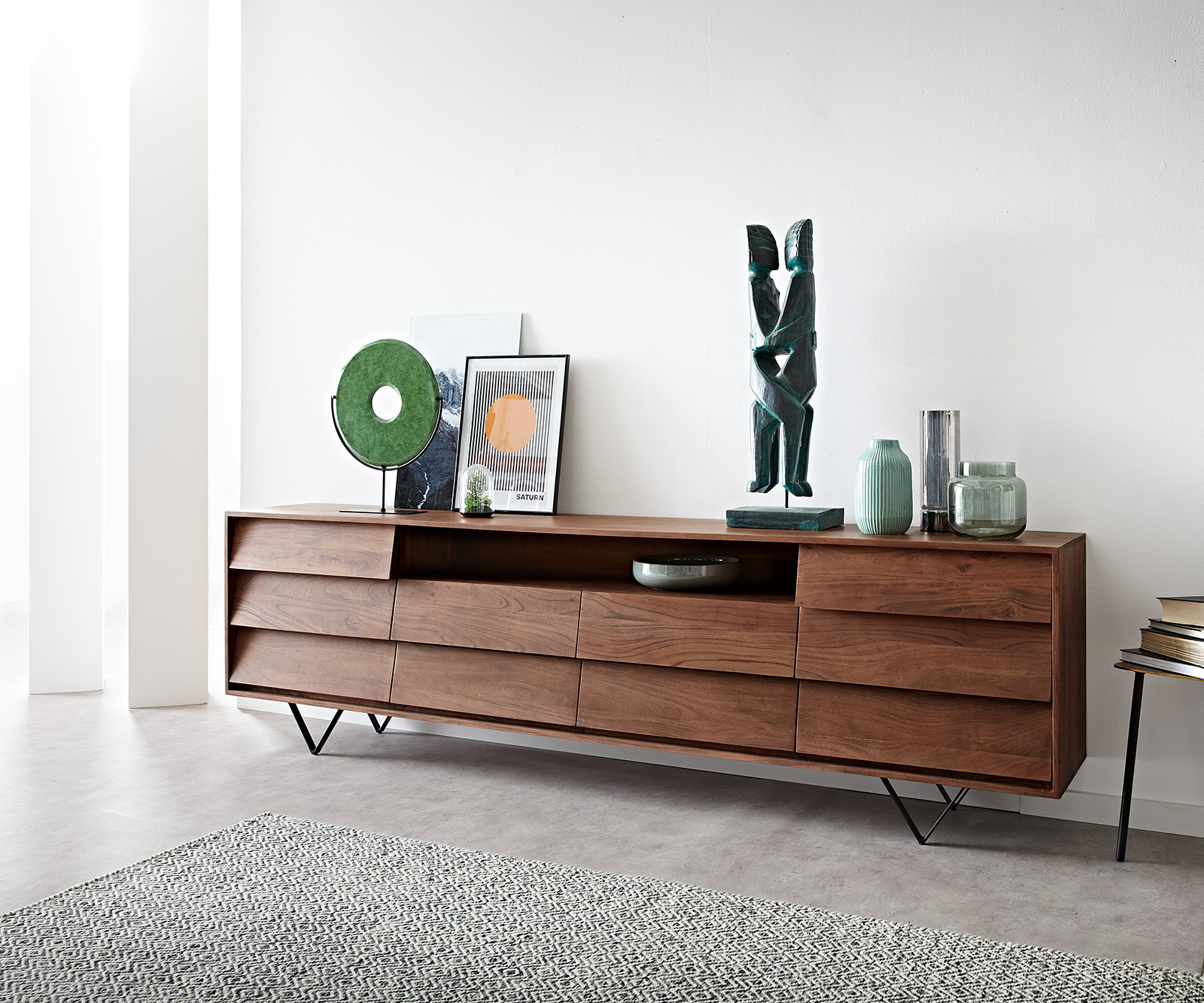 DELIFE Sideboard Eloi 240×40 cm Akazie Braun 2 Türen 4 Schubladen V-Fuß Schwarz, Sideboards