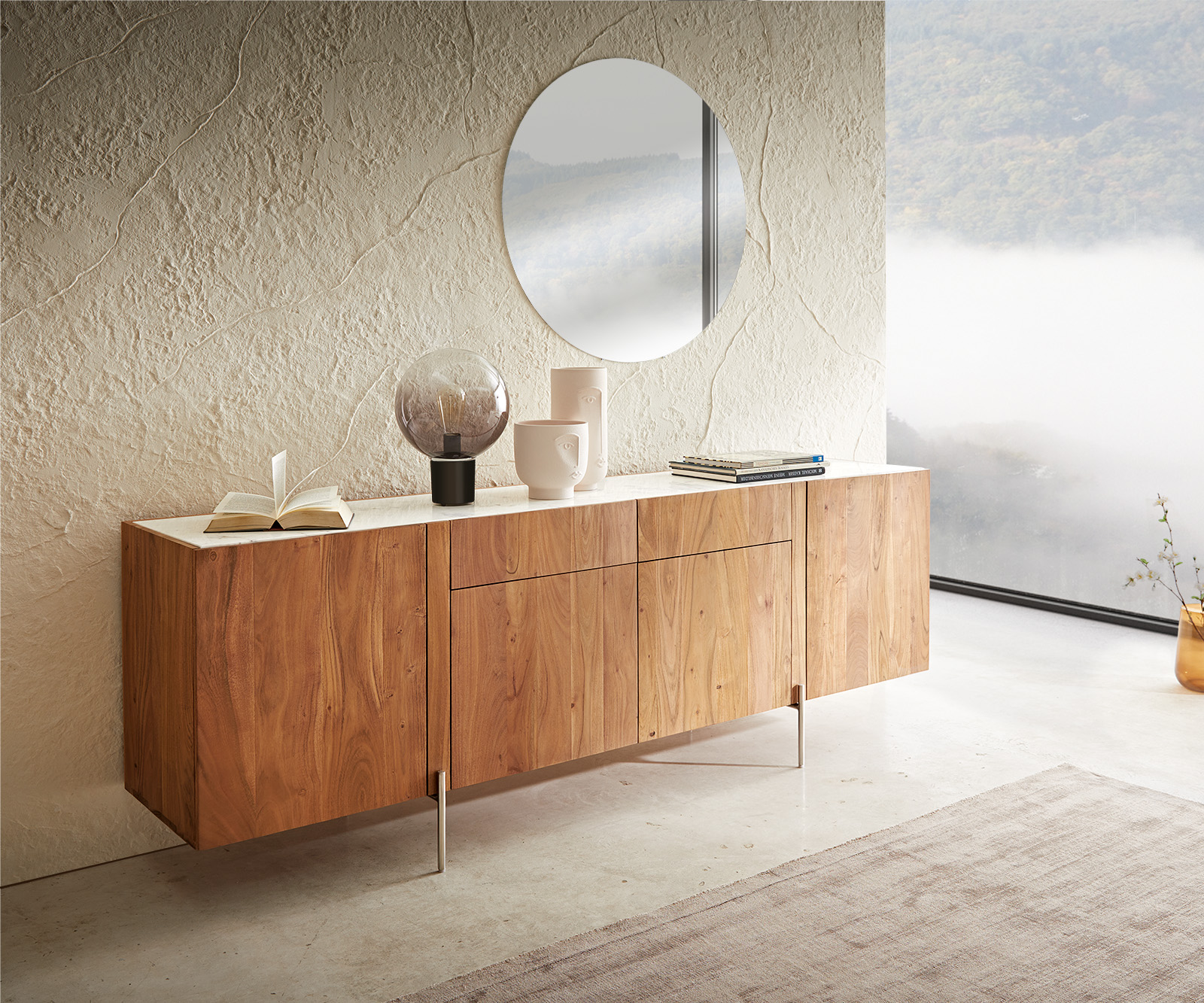 DELIFE Sideboard Secara 200 cm Akazie Natur 4 Türen 2 Schübe Marmor Füße Edelstahl, Sideboards