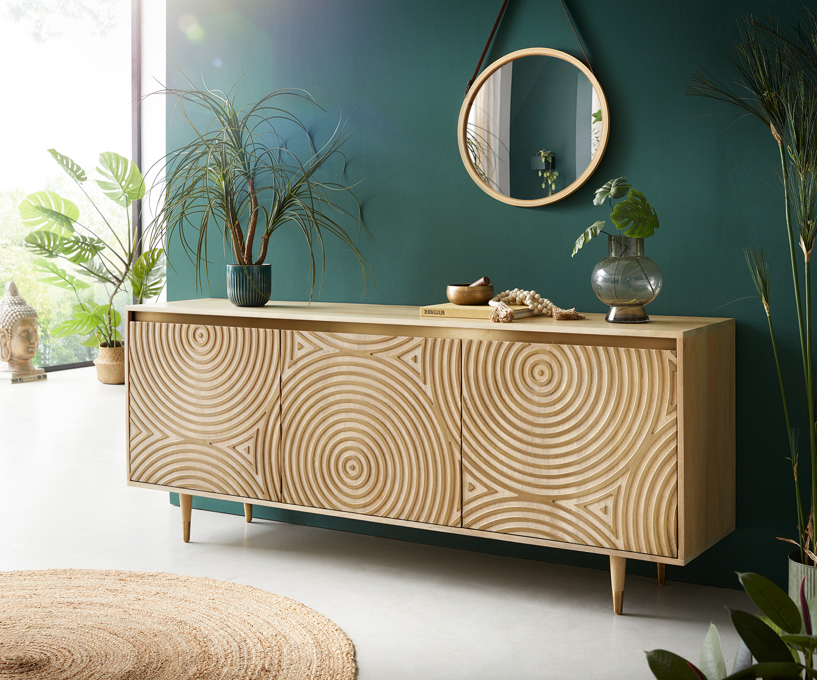 DELIFE Kommode Budaya 175 cm Mango Natur 3 Türen Fuß rund, Sideboards