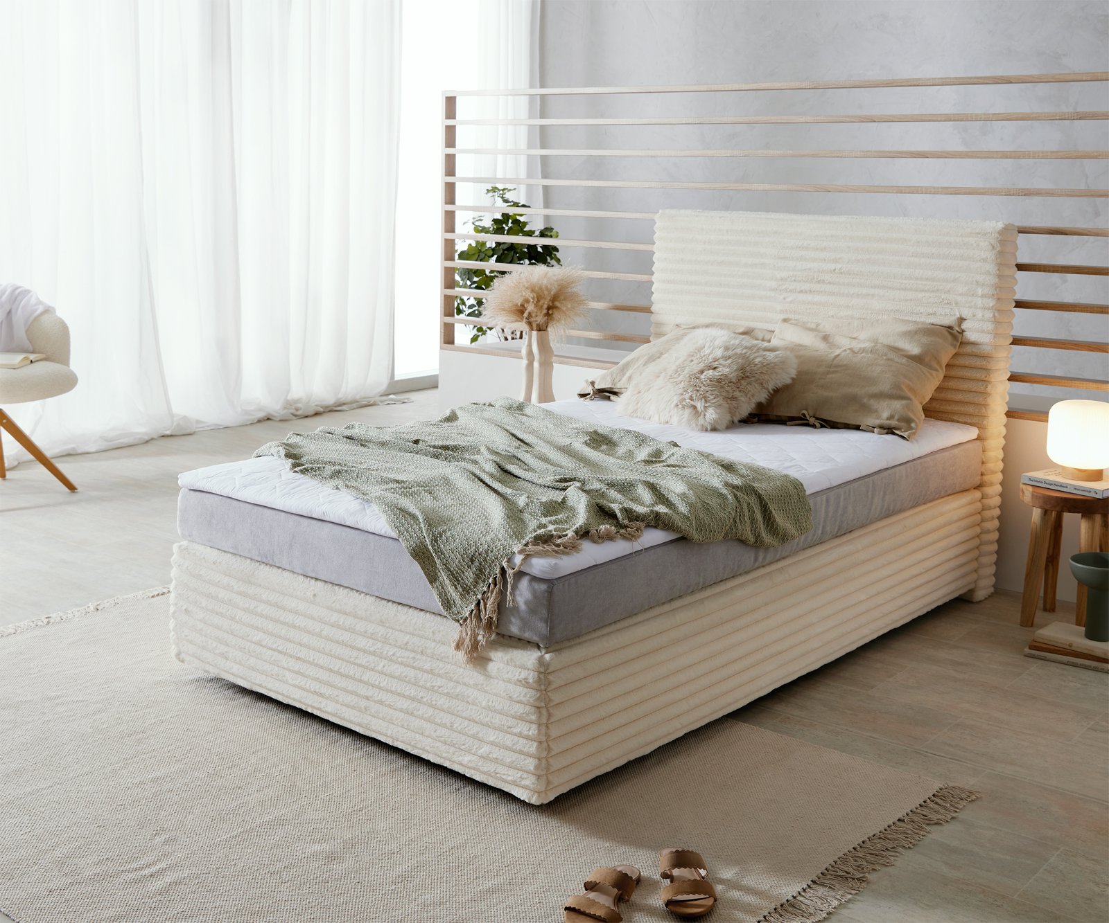 DELIFE Boxspringbett Dream-Well Plüsch-Cord Beige 120×200 cm Bonell-Matratze PU-Topper, Boxspringbetten