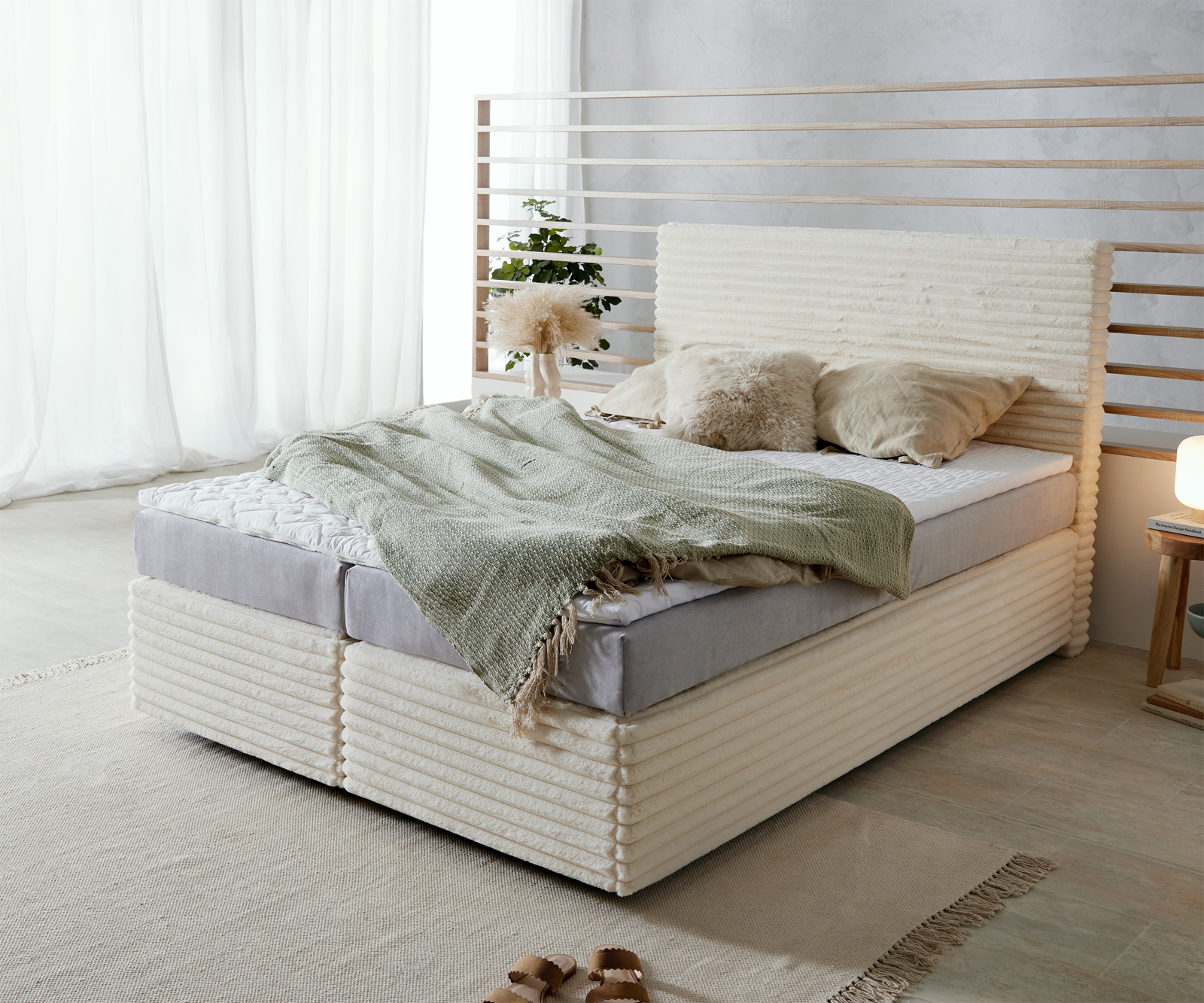 DELIFE Boxspringbett Dream-Well Plüsch-Cord Beige 140×200 cm TFK-Matratze Visco-Topper, Boxspringbetten