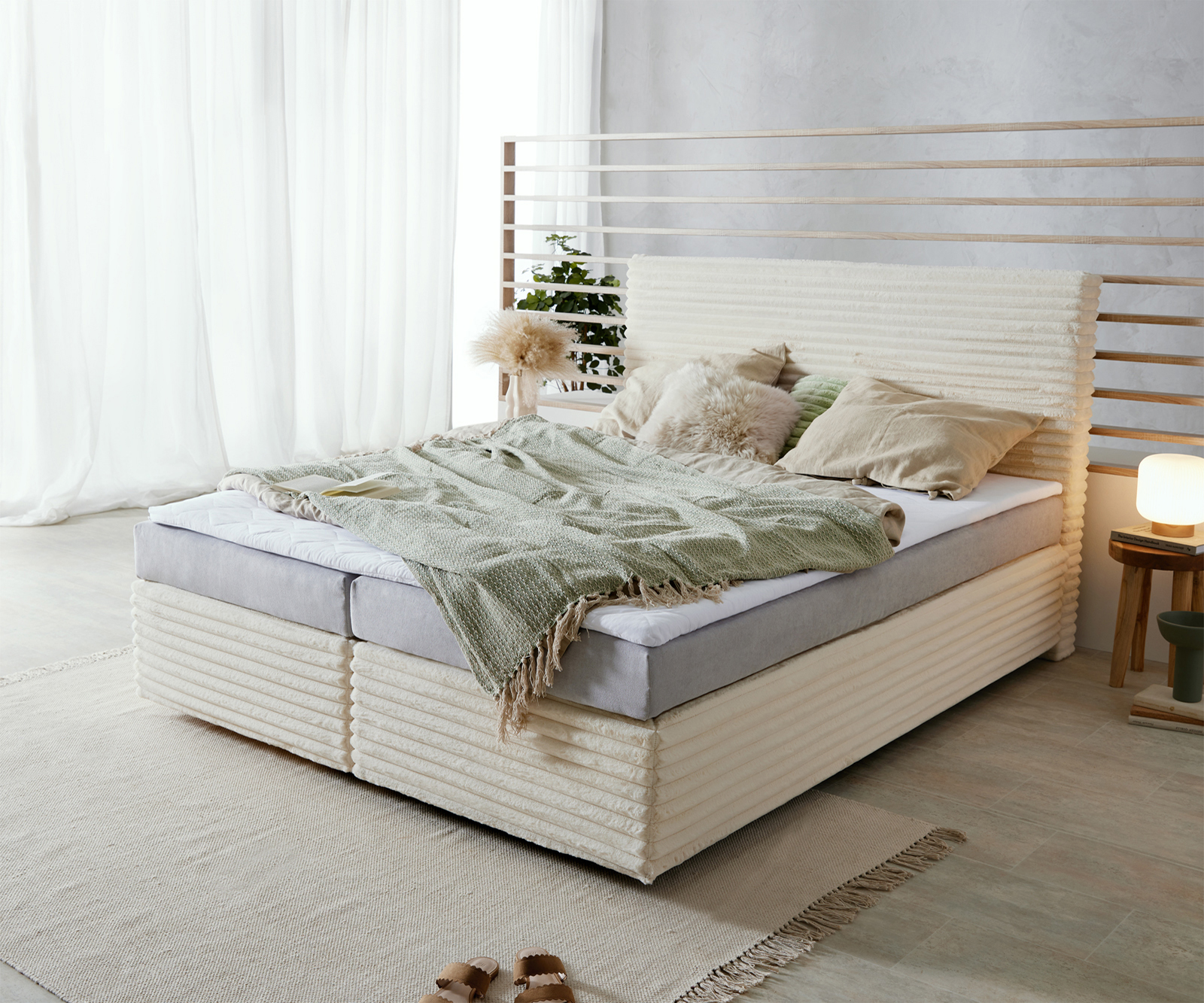 DELIFE Boxspringbett Dream-Well Plüsch-Cord Beige 160×200 cm Bonell-Matratze PU-Topper, Boxspringbetten