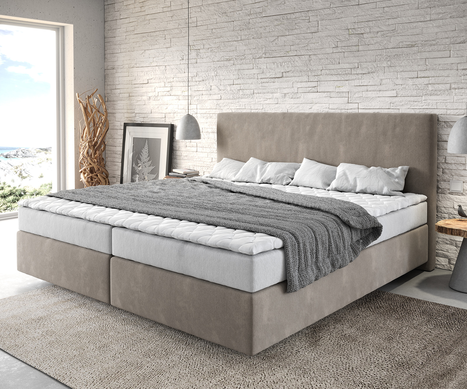 DELIFE Boxspringbett Dream-Well Mikrofaser Beige 200×200 cm Bonell-Matratze PU-Topper, Boxspringbetten