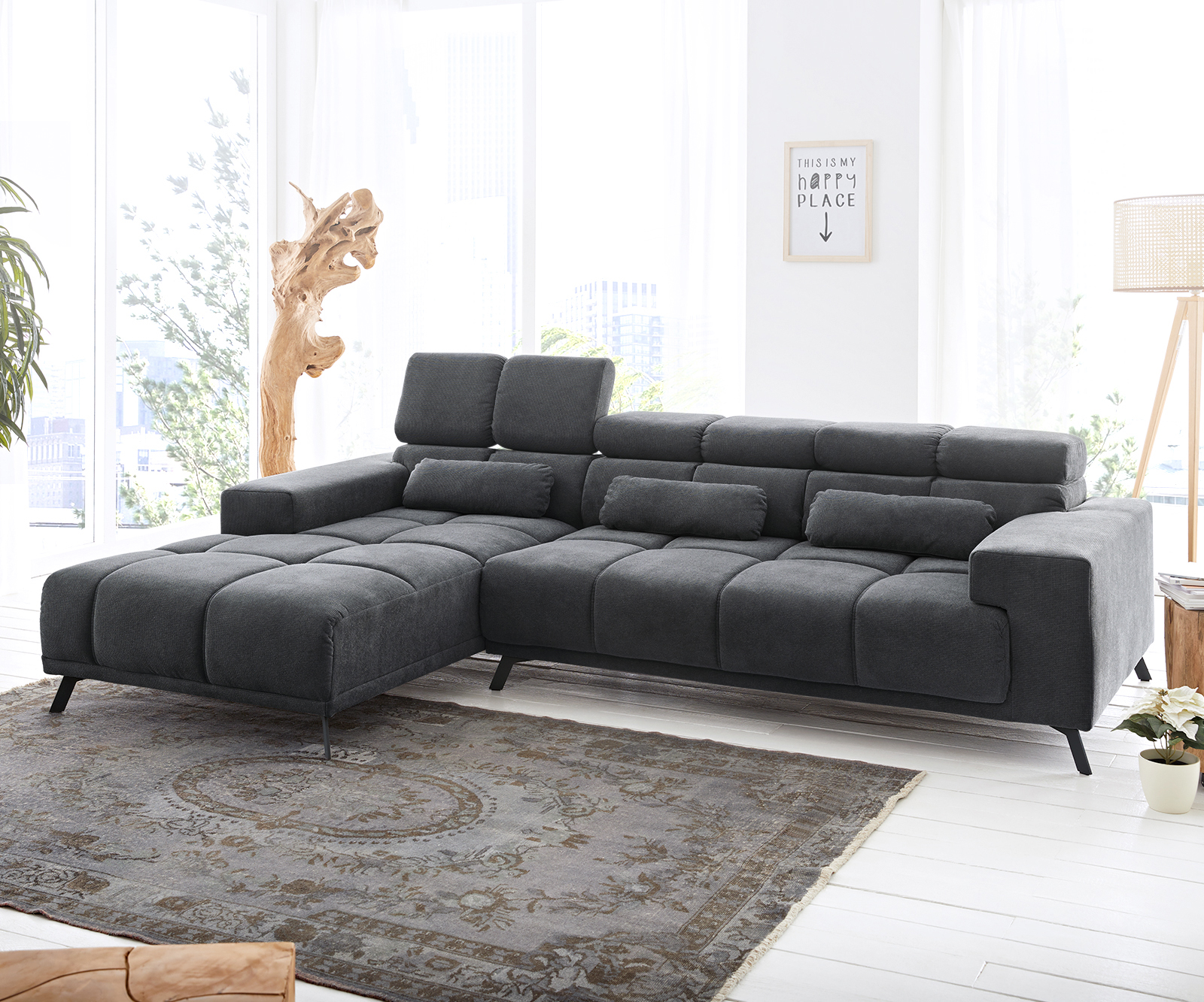 DELIFE Ecksofa Ordino 285×200 Mikrofaser Schwarz Ottomane links elektrische Sitztiefenverstellung, Ecksofas