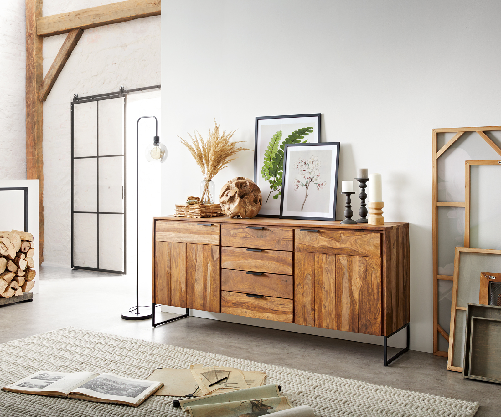 DELIFE Sideboard Nook 180 cm Sheesham Natur 2 Türen 4 Schübe, Sideboards