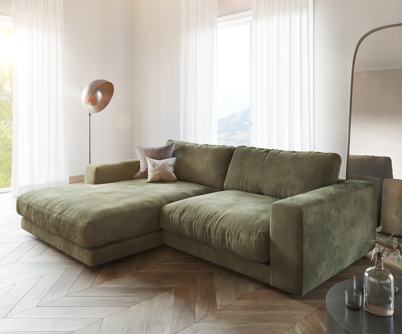 DELIFE Ecksofa Cubico 250×190 cm Samt Olive Recamiere links, Ecksofas