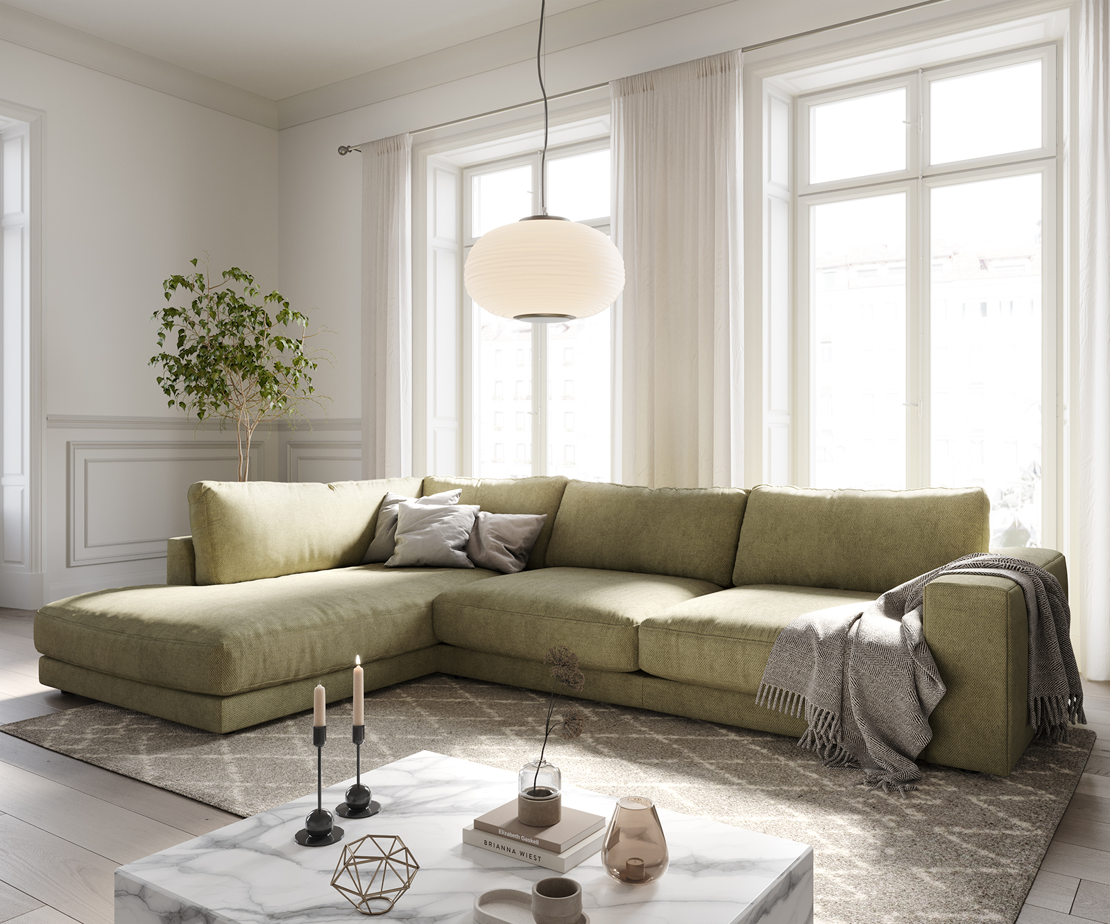 DELIFE Ecksofa Cubico 325×225 cm Strukturstoff Olive Ottomane links, Ecksofas