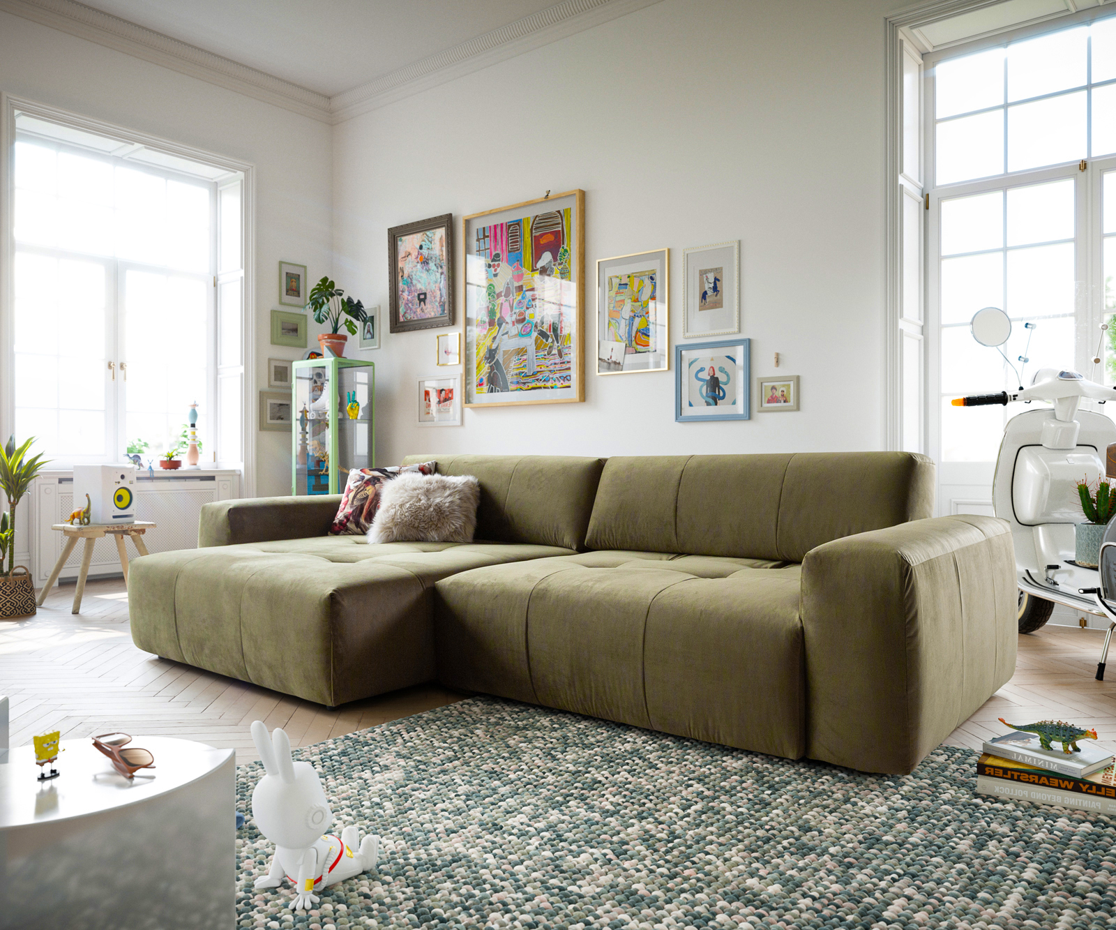 DELIFE Ecksofa Lazaro 300×160 cm Samt Olive Ottomane links mit Sitztiefenverstellung, Ecksofas