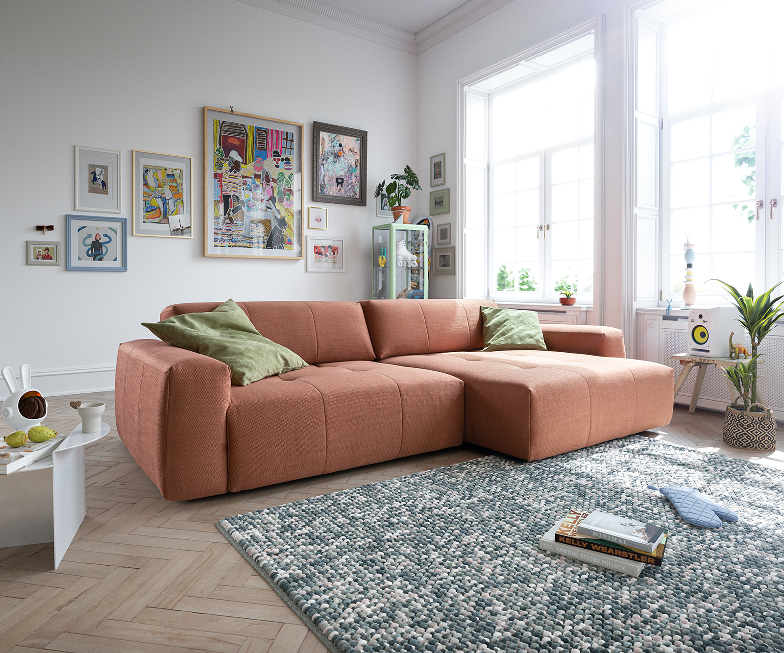 DELIFE Ecksofa Lazaro 300×160 cm Flachgewebe Orange Ottomane rechts mit Sitztiefenverstellung, Ecksofas