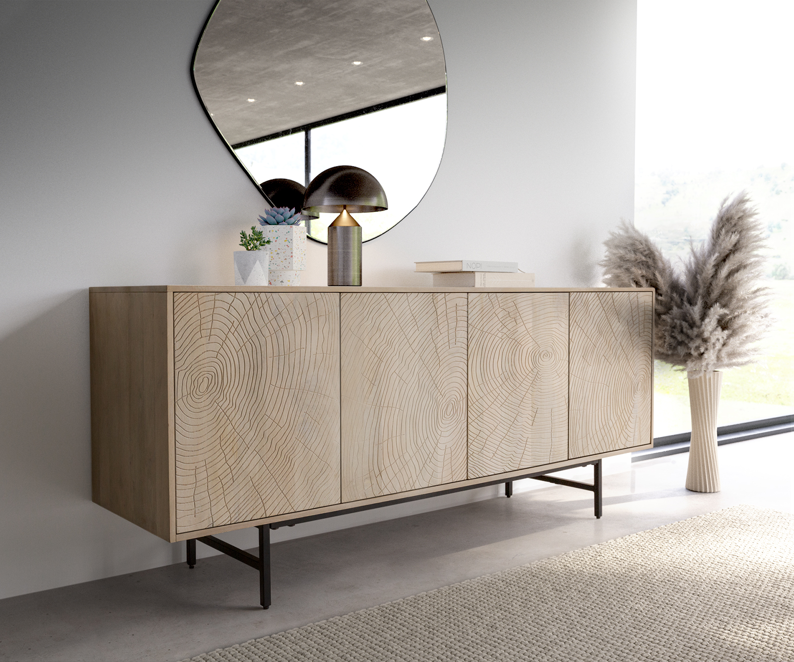 DELIFE Sideboard Wiara 180 cm Mango White Wash Metall Schwarz 4 Türen, Sideboards